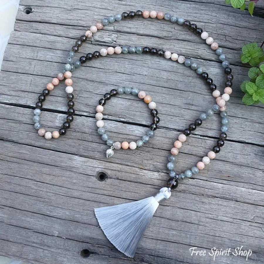 108 Natural Sunstone Labradorite & Smoky Quartz Mala Beads