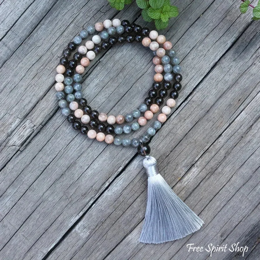 108 Natural Sunstone Labradorite & Smoky Quartz Mala Beads