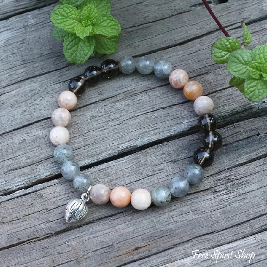 108 Natural Sunstone Labradorite & Smoky Quartz Mala Beads