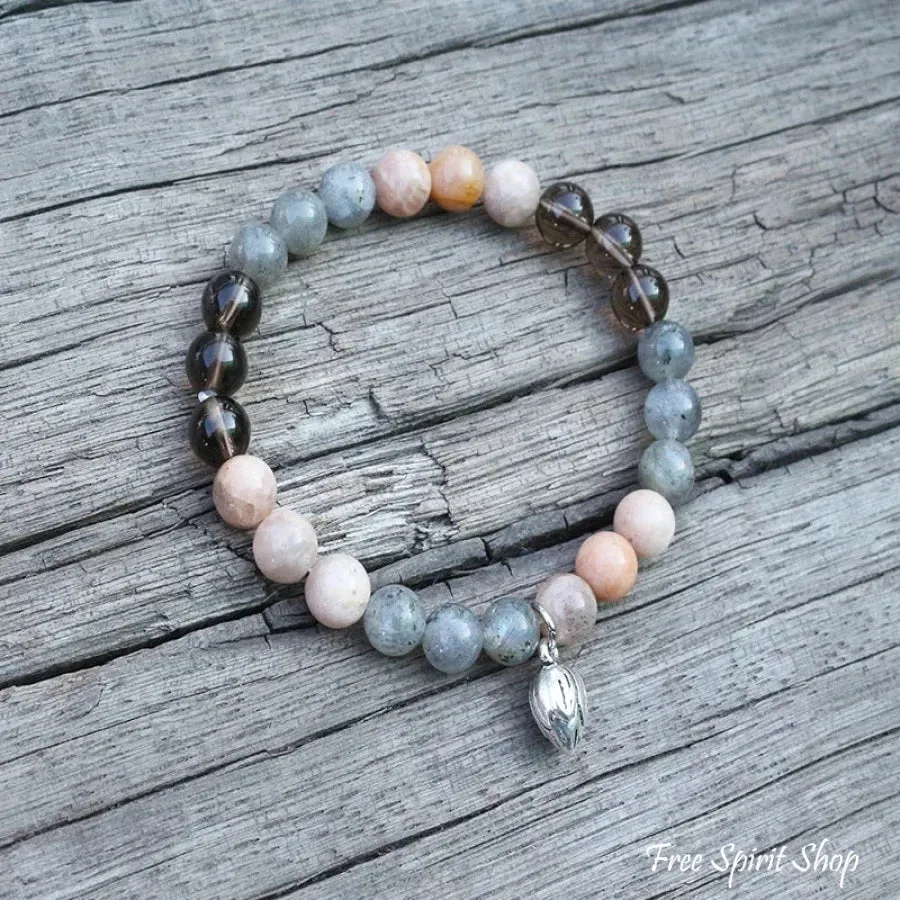 108 Natural Sunstone Labradorite & Smoky Quartz Mala Beads