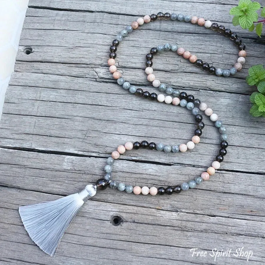 108 Natural Sunstone Labradorite & Smoky Quartz Mala Beads