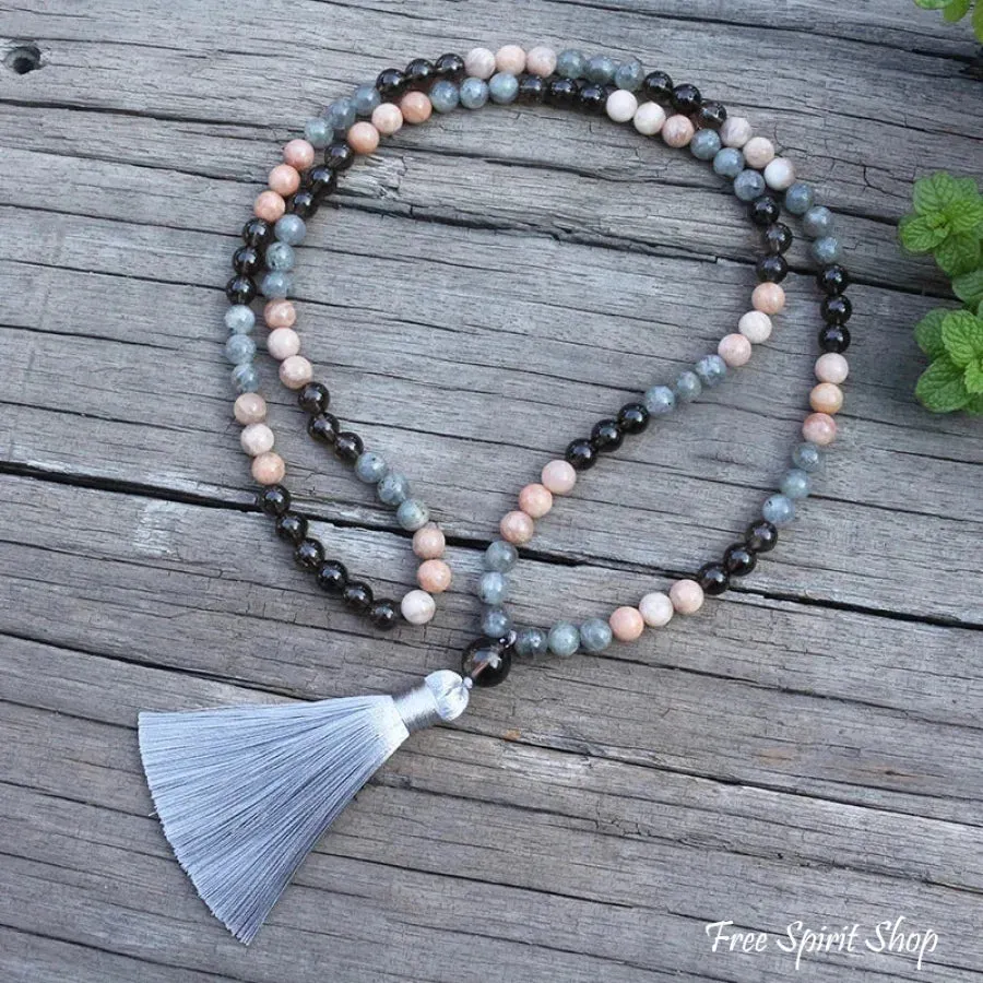 108 Natural Sunstone Labradorite & Smoky Quartz Mala Beads