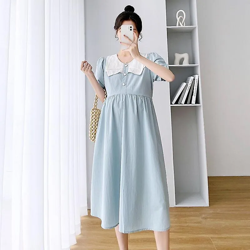 2023 Summer Fashion Maternity Breastfeeding Clothing Sailor Collar Cotton Zip Fly Nursing Dress Postpartum Woman Lactation Dress