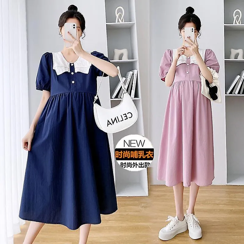 2023 Summer Fashion Maternity Breastfeeding Clothing Sailor Collar Cotton Zip Fly Nursing Dress Postpartum Woman Lactation Dress