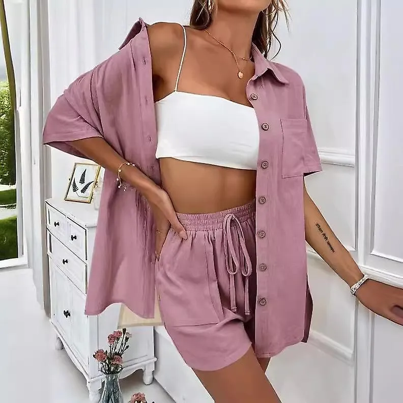 2024 Fashion Shorts Two Piece Solid Color Shirt Suit Casual Loose Short Sleeve Single Breasted Women's Clothing