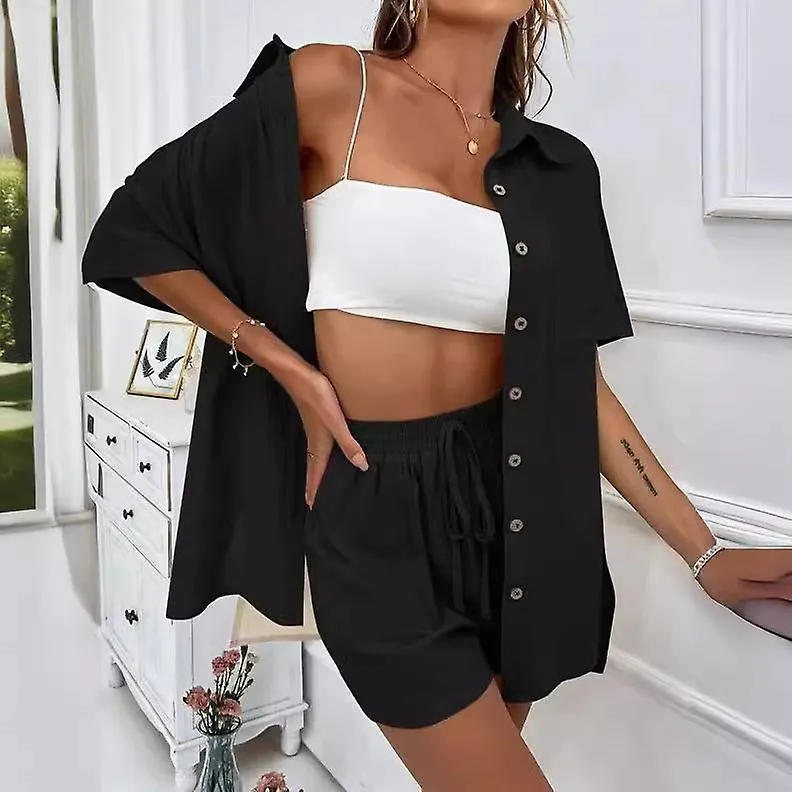 2024 Fashion Shorts Two Piece Solid Color Shirt Suit Casual Loose Short Sleeve Single Breasted Women's Clothing