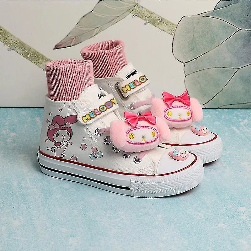 Anime Sanrios My Melody Kuromi Pochacco Kawaii High Top Kids Canvas Shoes Cartoon Cute Girl Sport Shoes White Boys Sneakers Gift