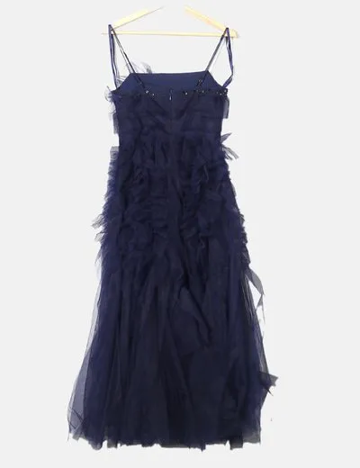 BCBGMAXAZRIA Vestido midi azul marino tul strass swarovski