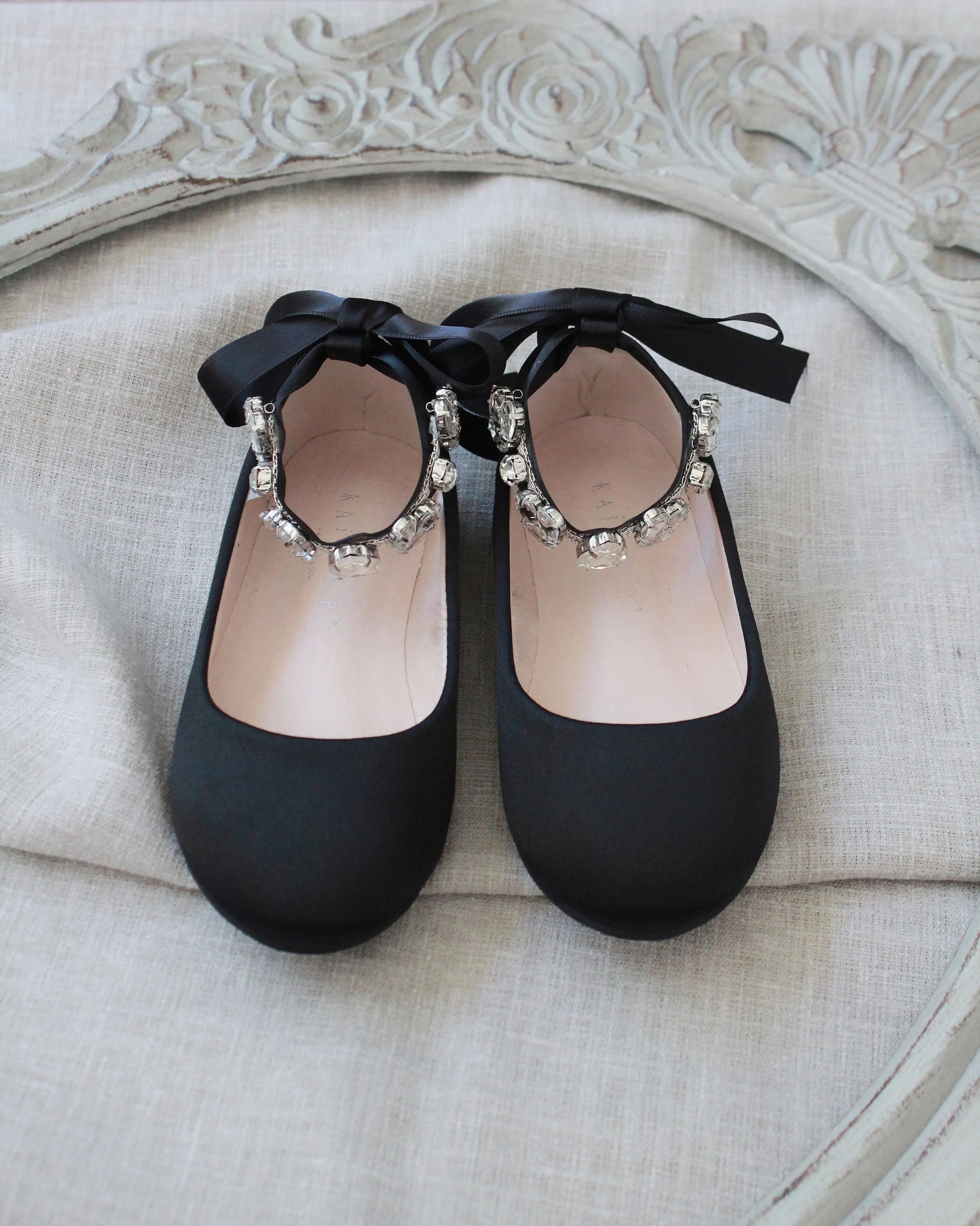 Black Satin Ballet Flats with Rhinestone Cluster