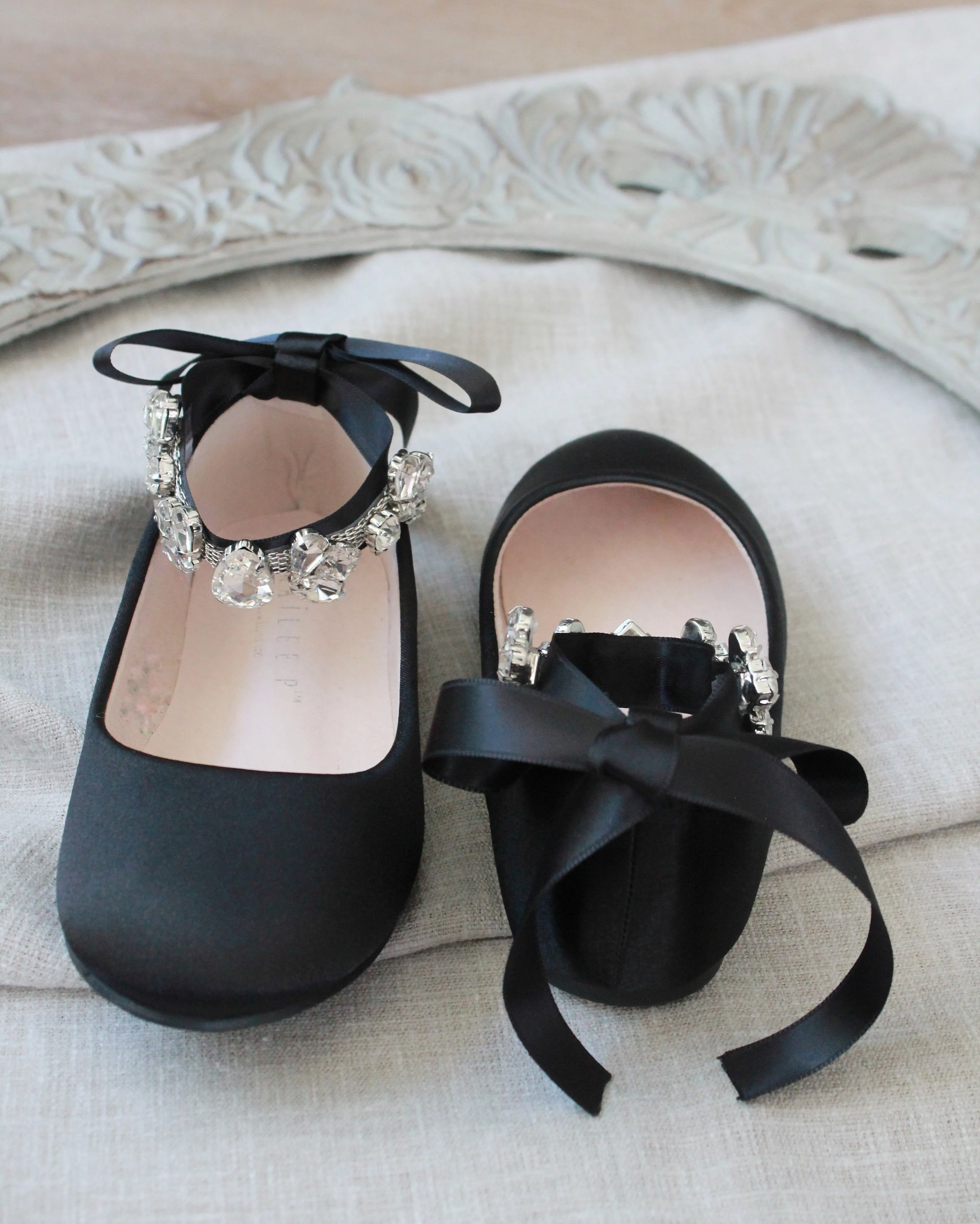 Black Satin Ballet Flats with Rhinestone Cluster