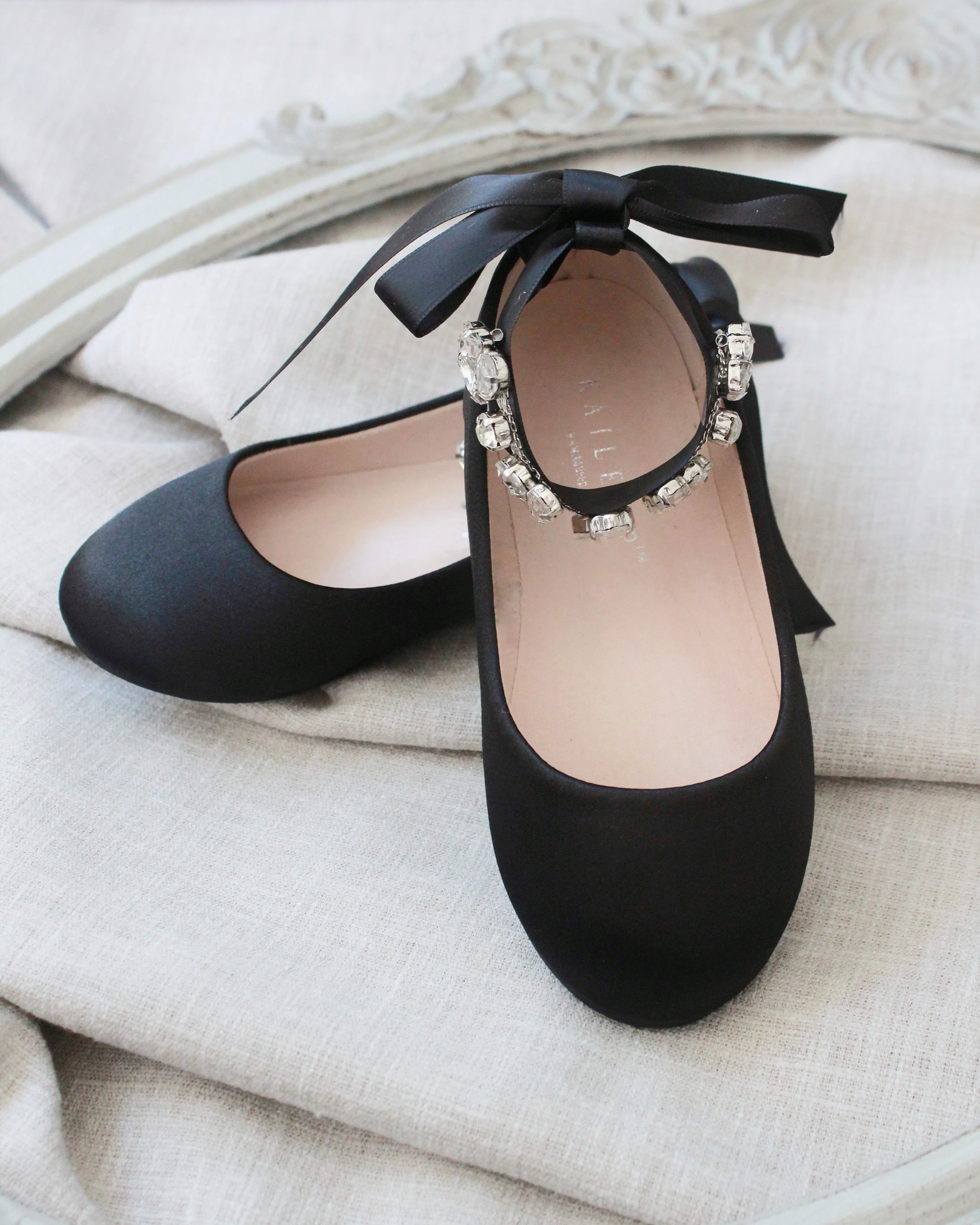 Black Satin Ballet Flats with Rhinestone Cluster