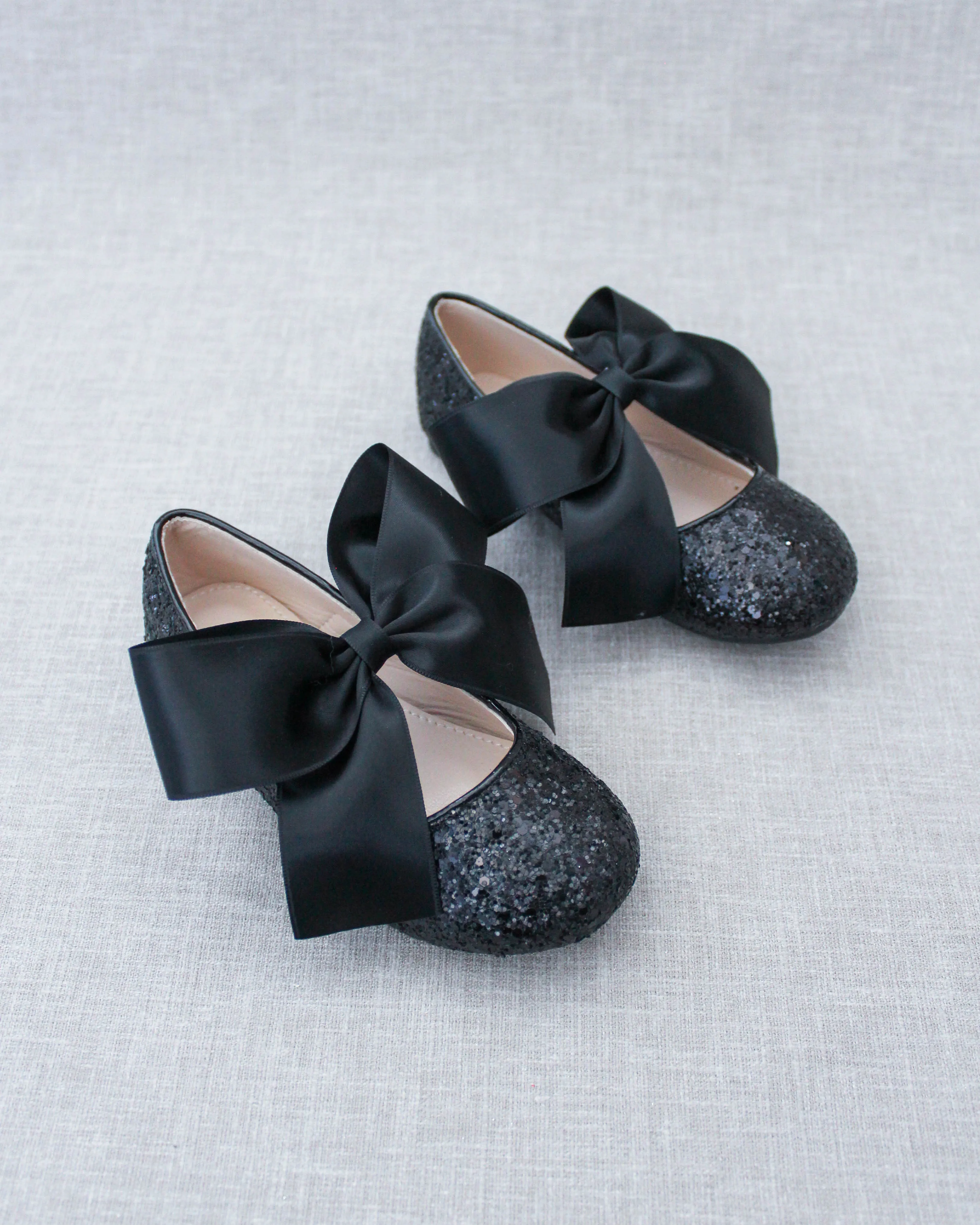 Black Satin Bow Ballet Flats with Sparkly Black Rock Design