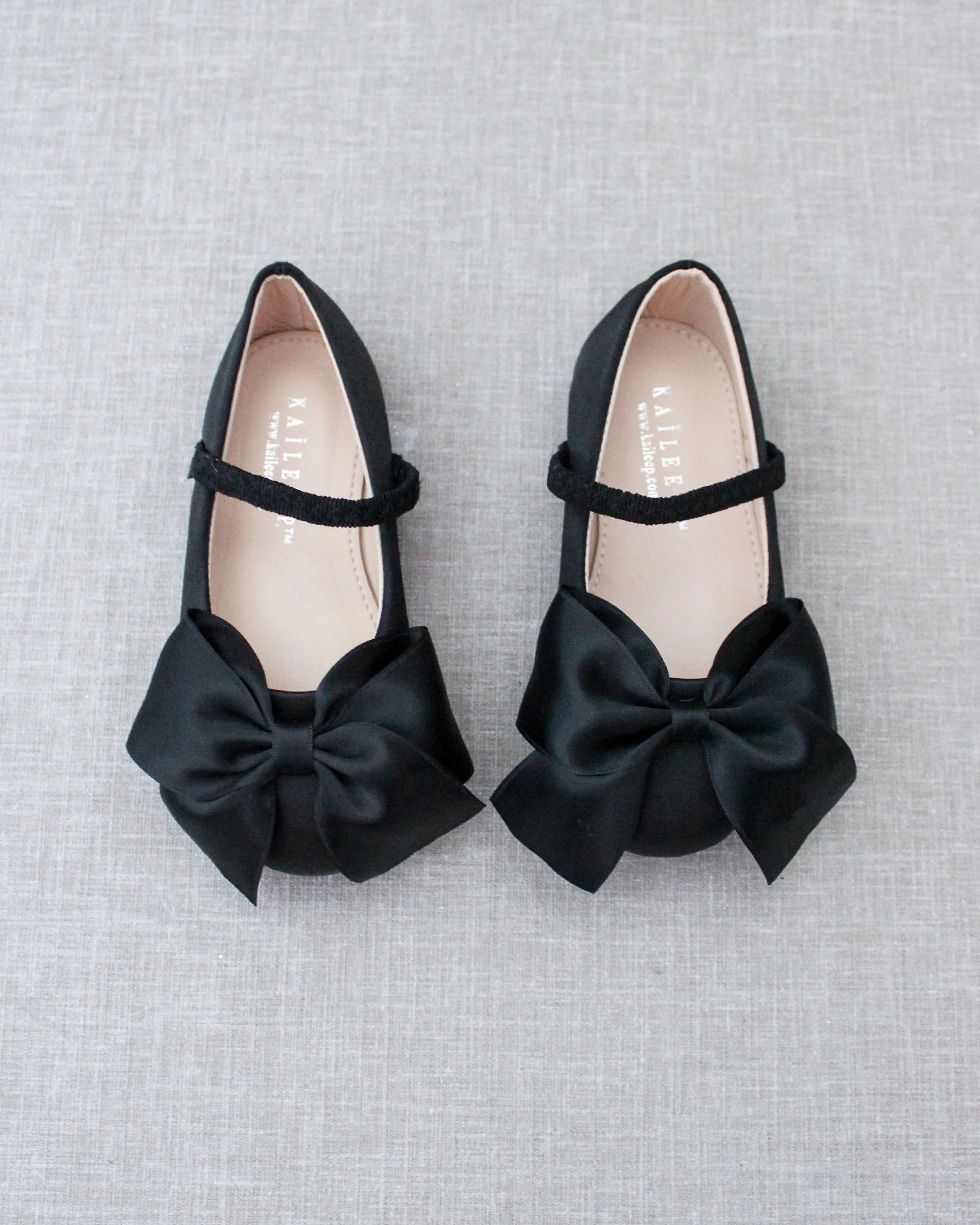 Black Satin Mary Jane Flats | Front Satin Bow | Buy Online