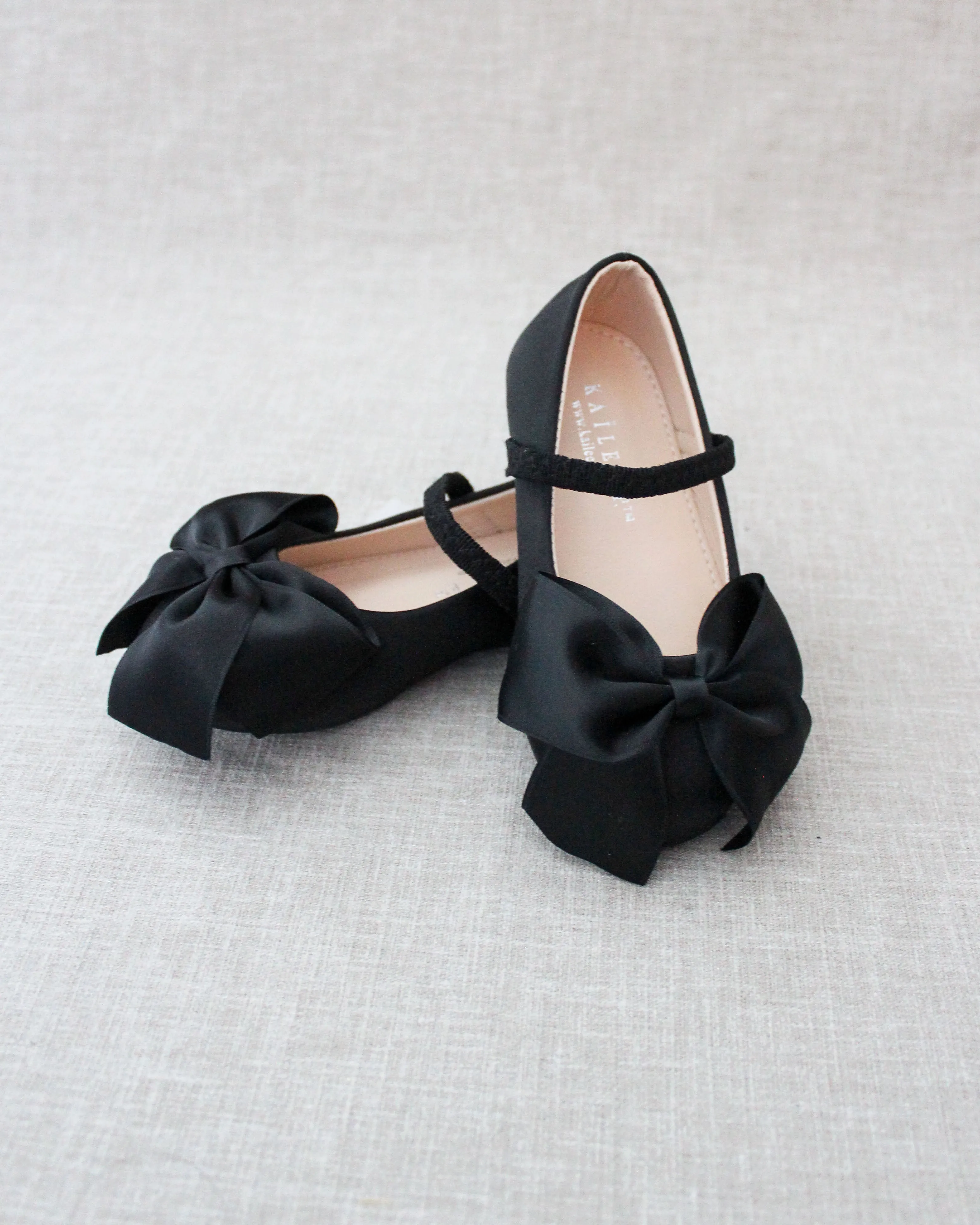 Black Satin Mary Jane Flats | Front Satin Bow | Buy Online