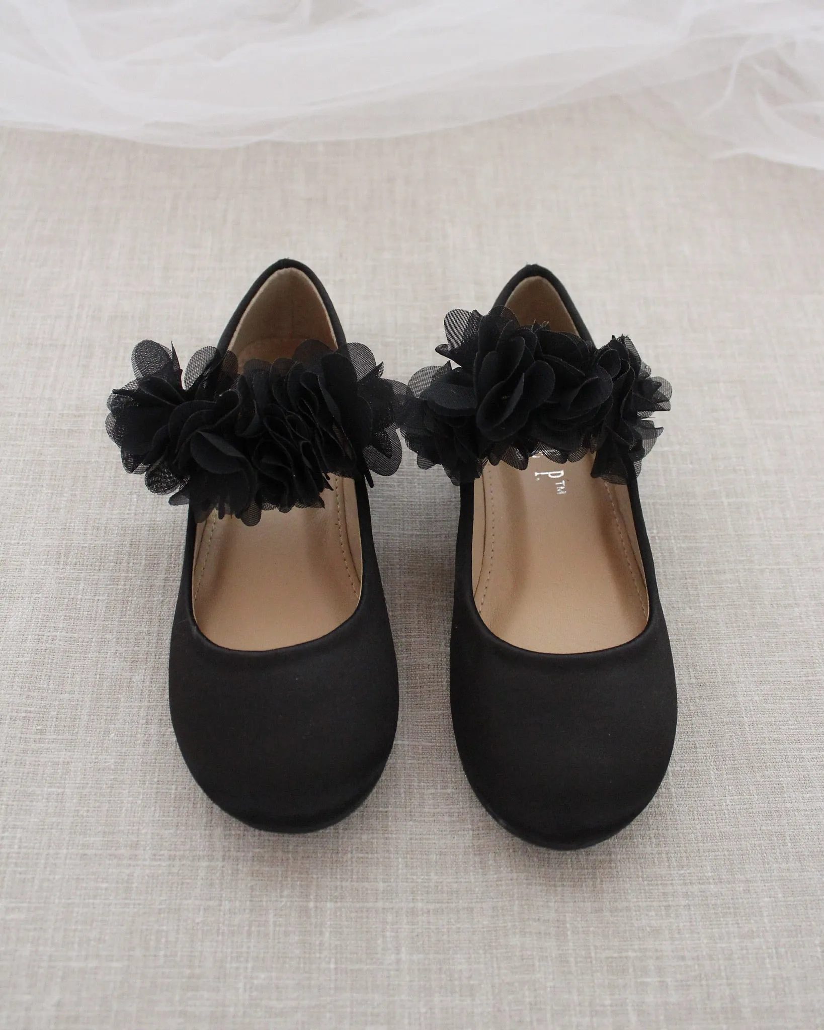 Black Satin Mary Jane Flats Chiffon Flowers.