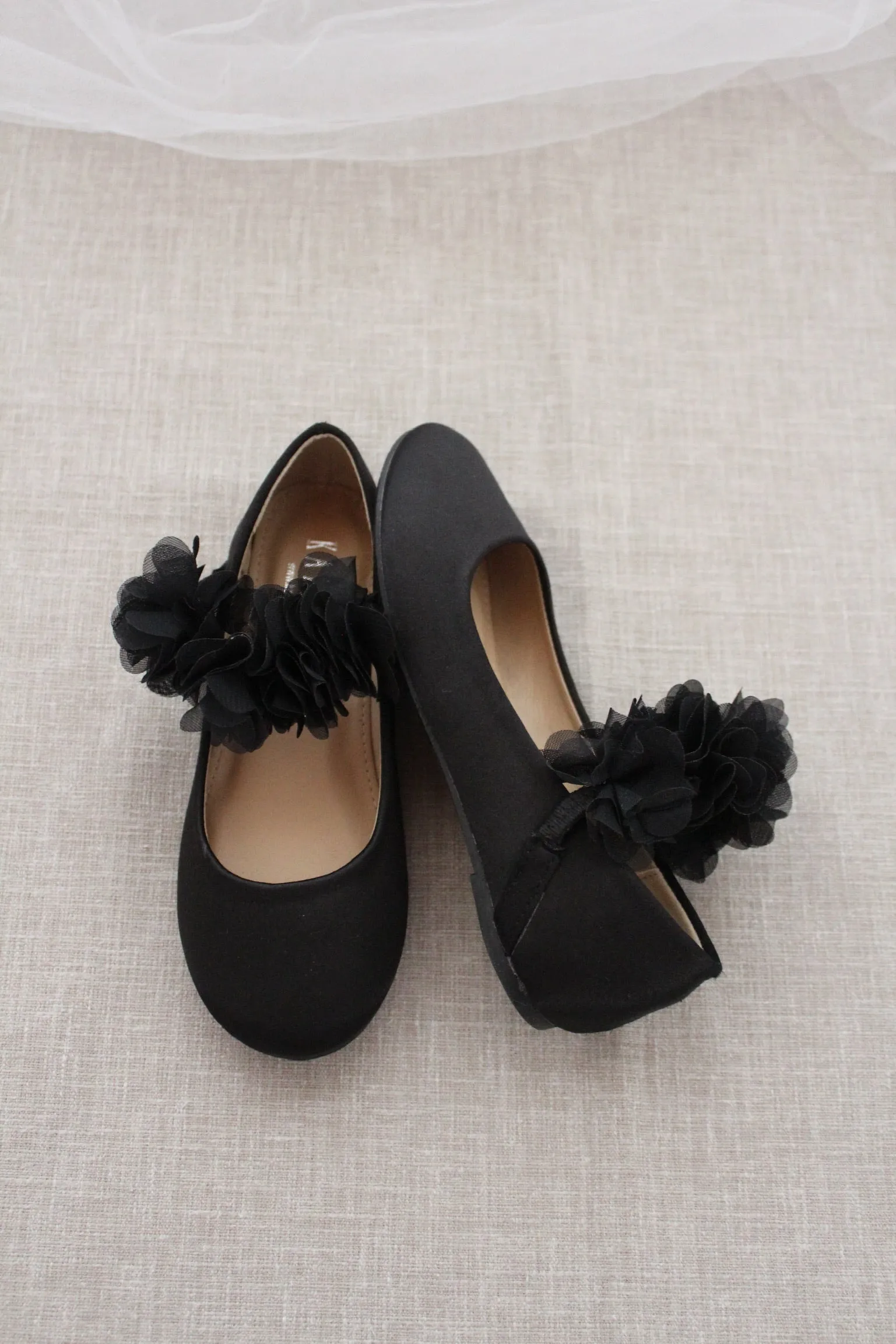 Black Satin Mary Jane Flats Chiffon Flowers.