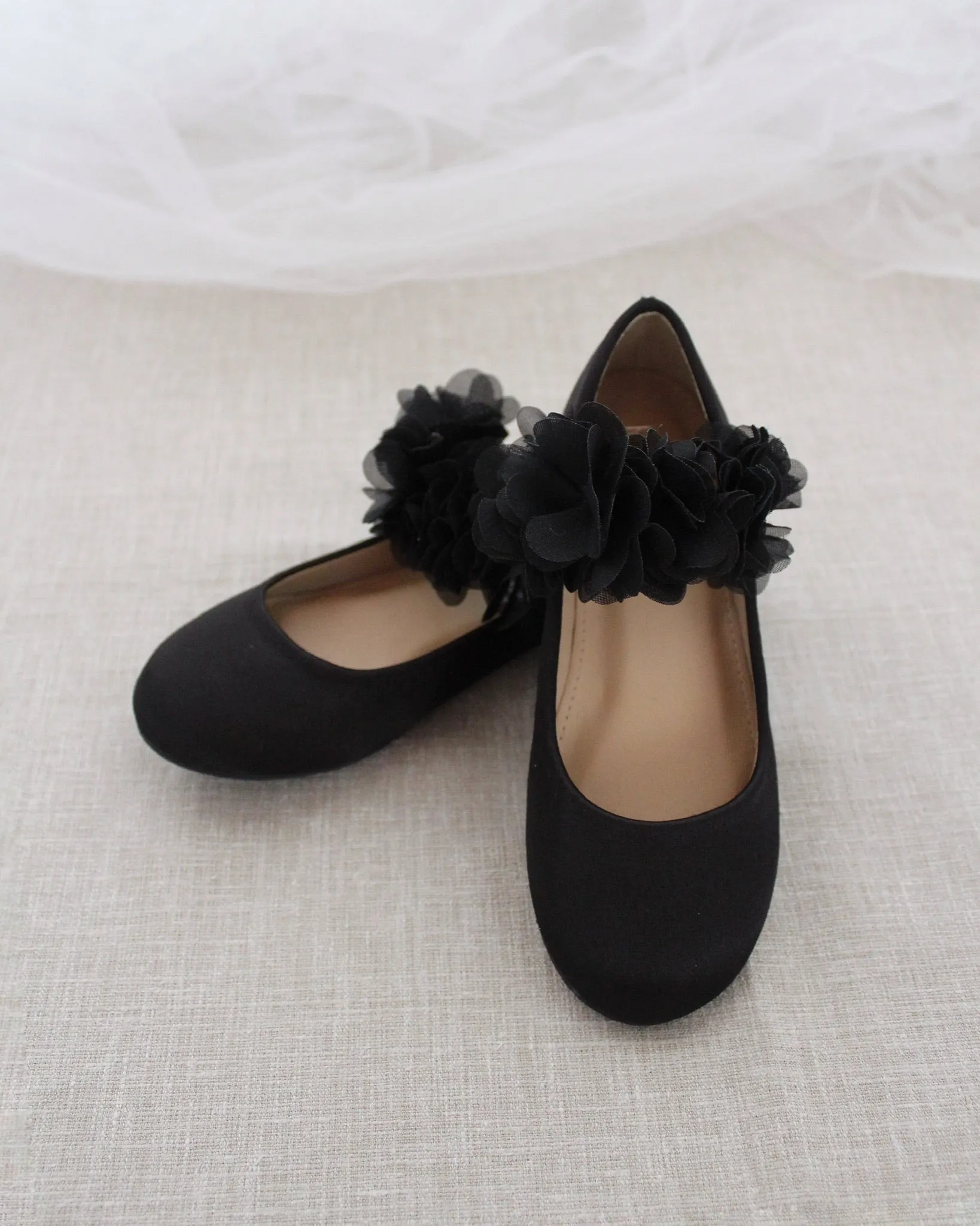 Black Satin Mary Jane Flats Chiffon Flowers.