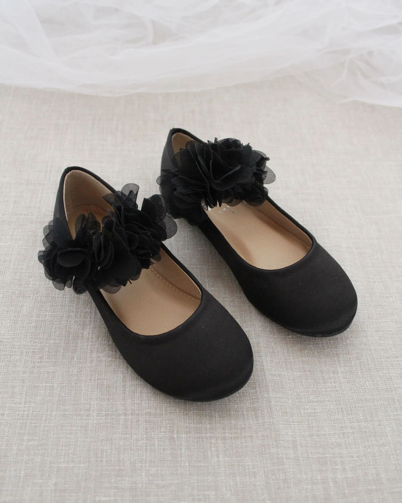 Black Satin Mary Jane Flats Chiffon Flowers.