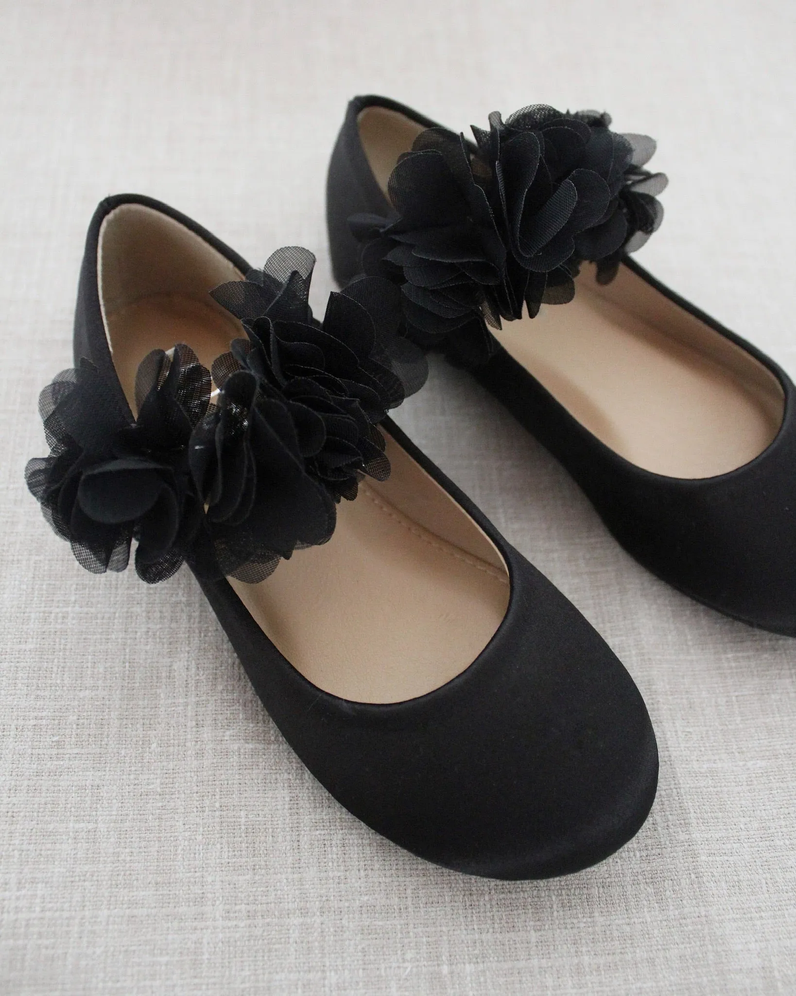 Black Satin Mary Jane Flats Chiffon Flowers.