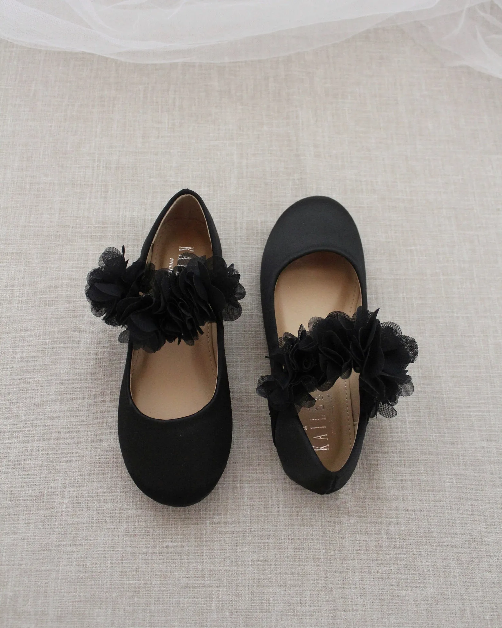 Black Satin Mary Jane Flats Chiffon Flowers.