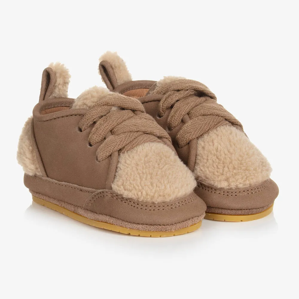 Brown Leather & Fleece Baby Shoes