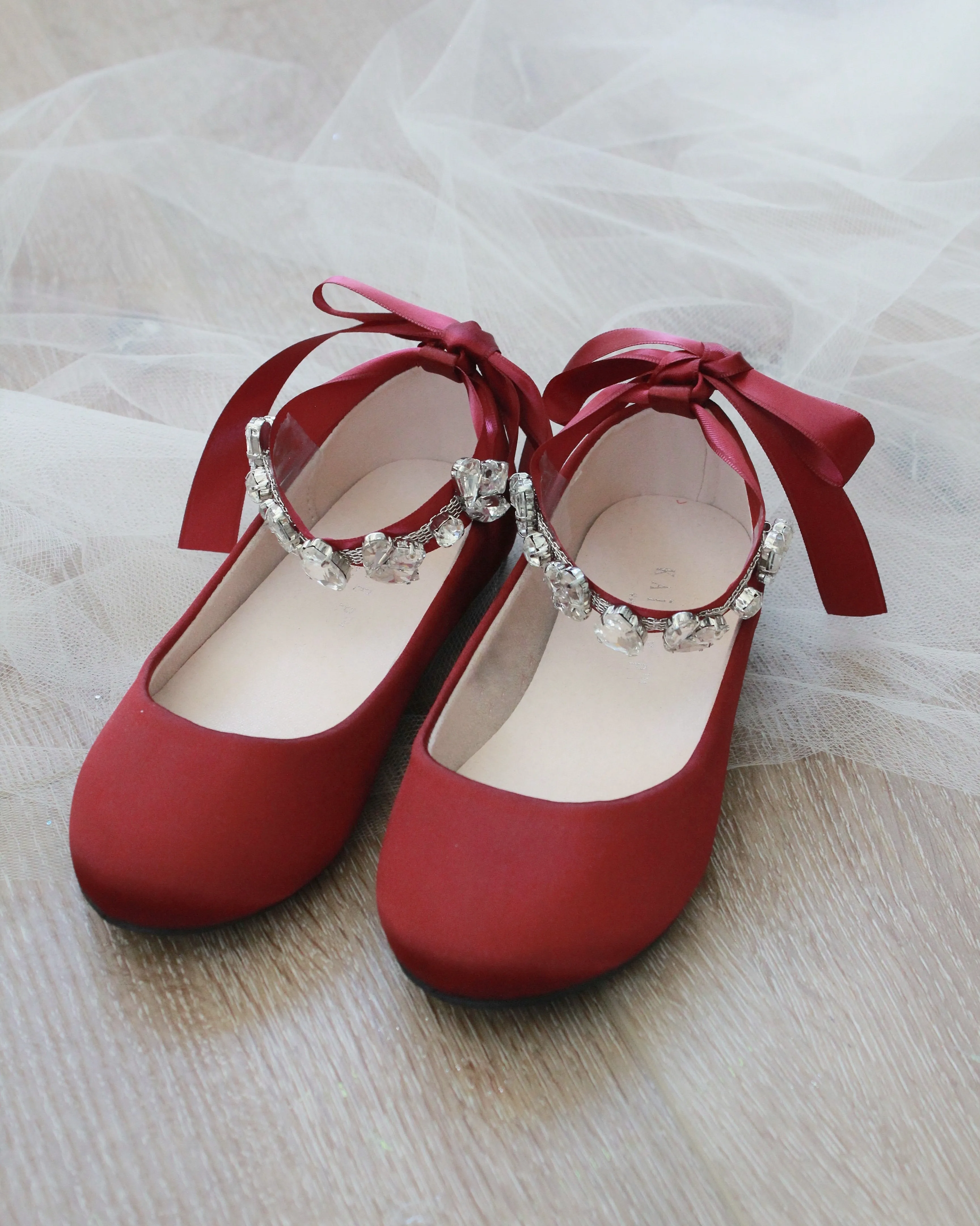 Burgundy Satin Ballet Flats with Rhinestone Accents and Ankle Strap