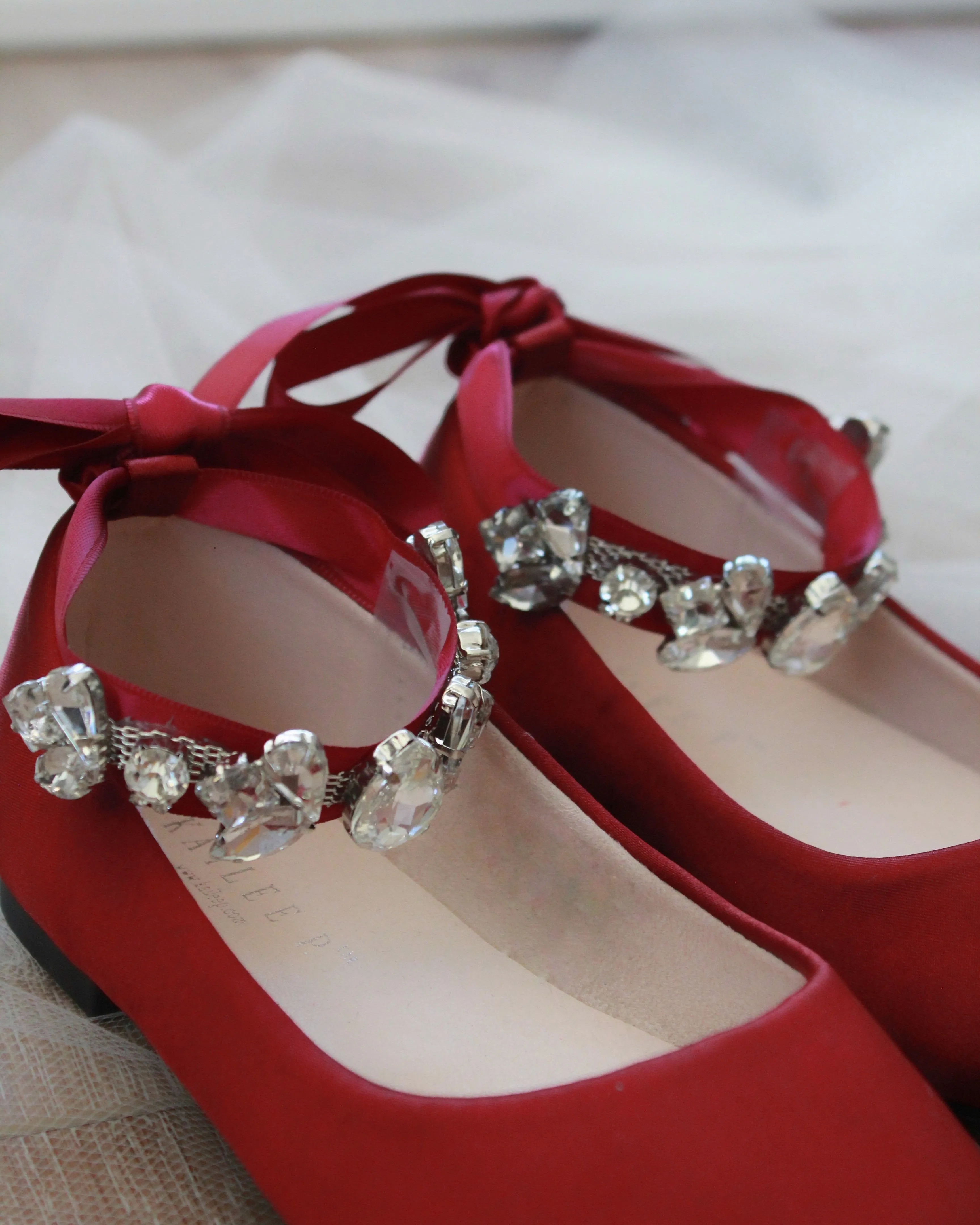 Burgundy Satin Ballet Flats with Rhinestone Accents and Ankle Strap