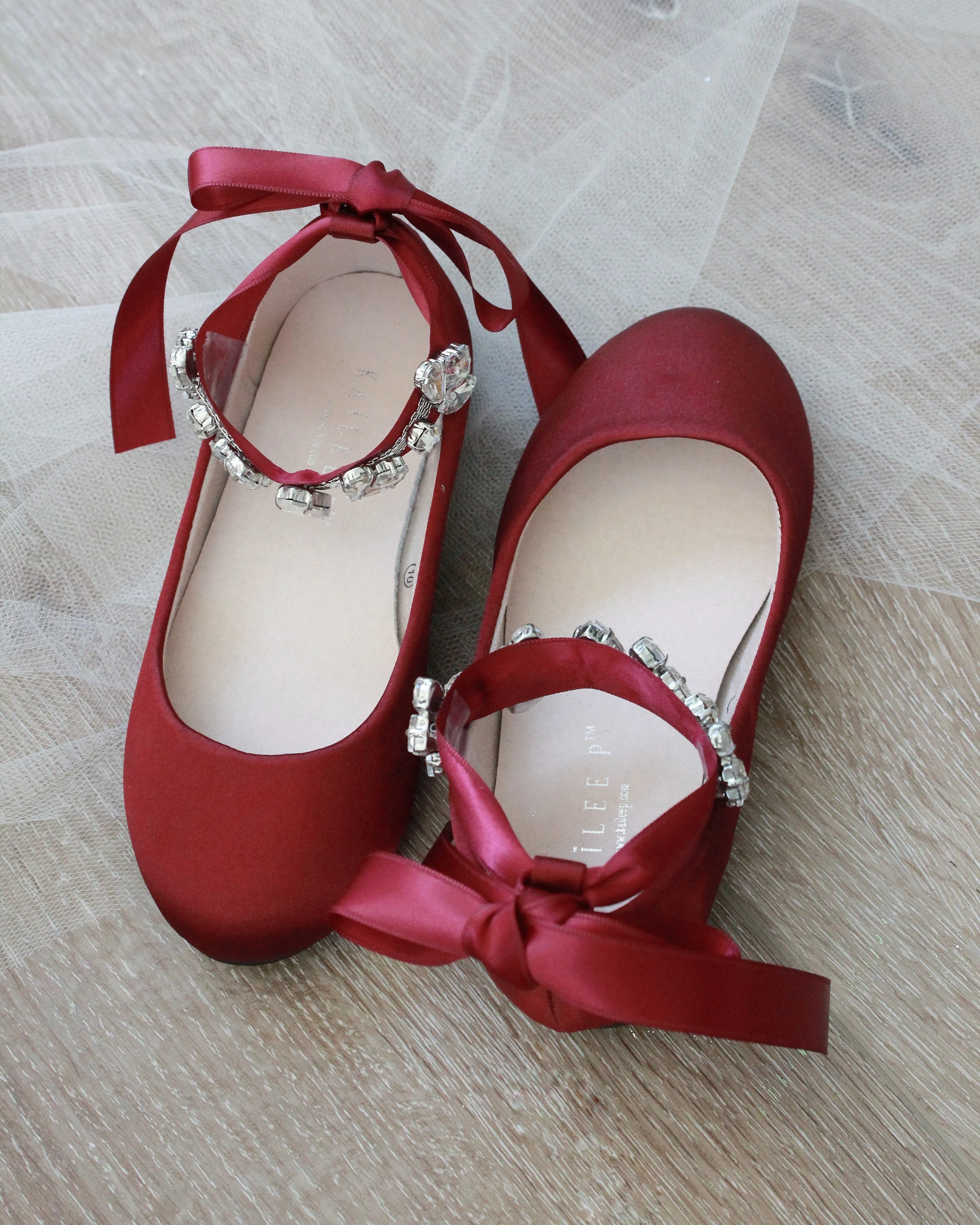 Burgundy Satin Ballet Flats with Rhinestone Accents and Ankle Strap