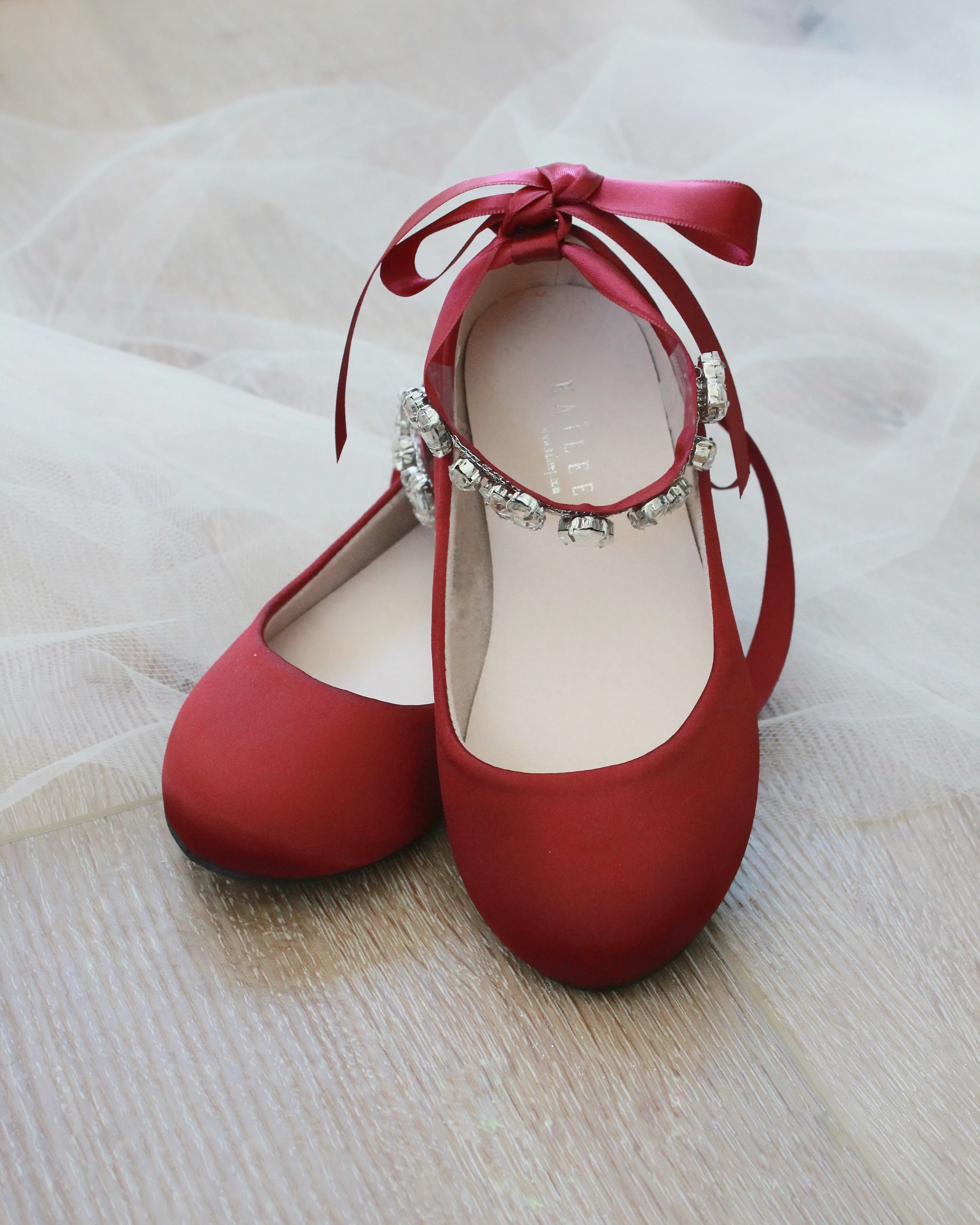 Burgundy Satin Ballet Flats with Rhinestone Accents and Ankle Strap