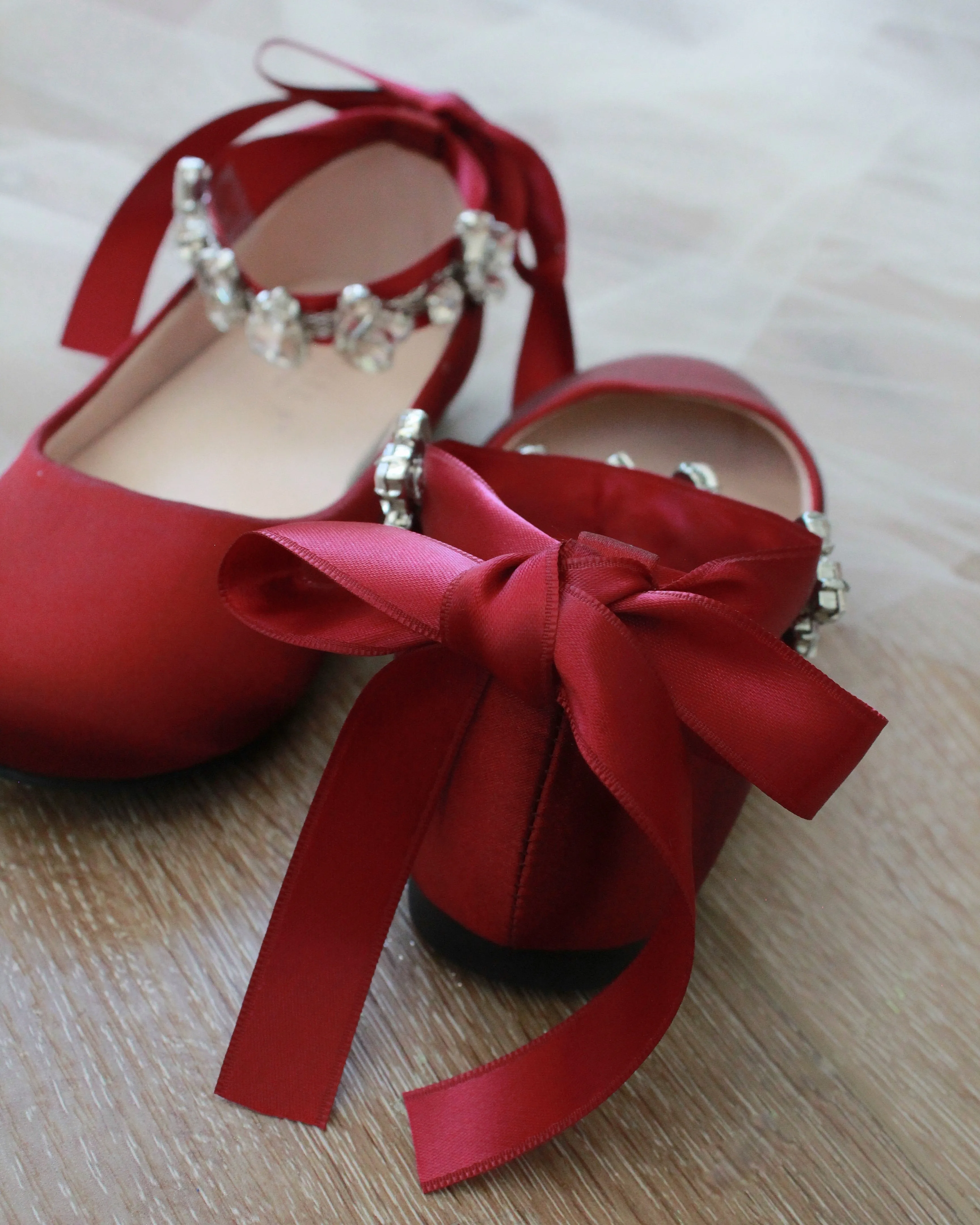 Burgundy Satin Ballet Flats with Rhinestone Accents and Ankle Strap