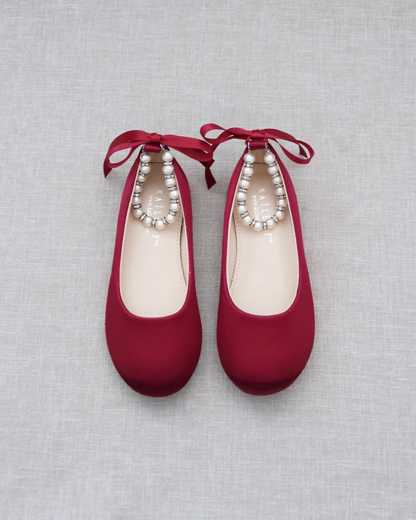 Burgundy Satin Flats with Pearl Ankle Strap - Shop Now