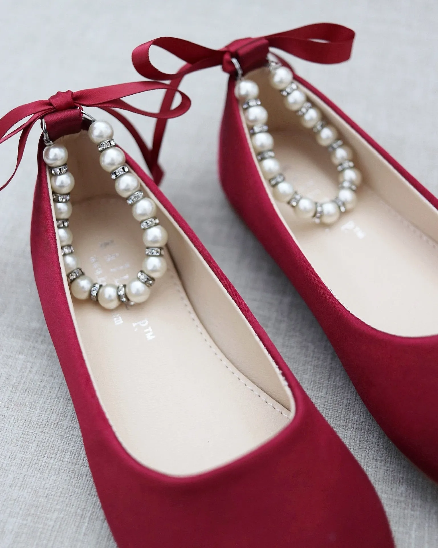 Burgundy Satin Flats with Pearl Ankle Strap - Shop Now