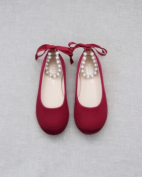 Burgundy Satin Flats with Pearl Ankle Strap - Shop Now