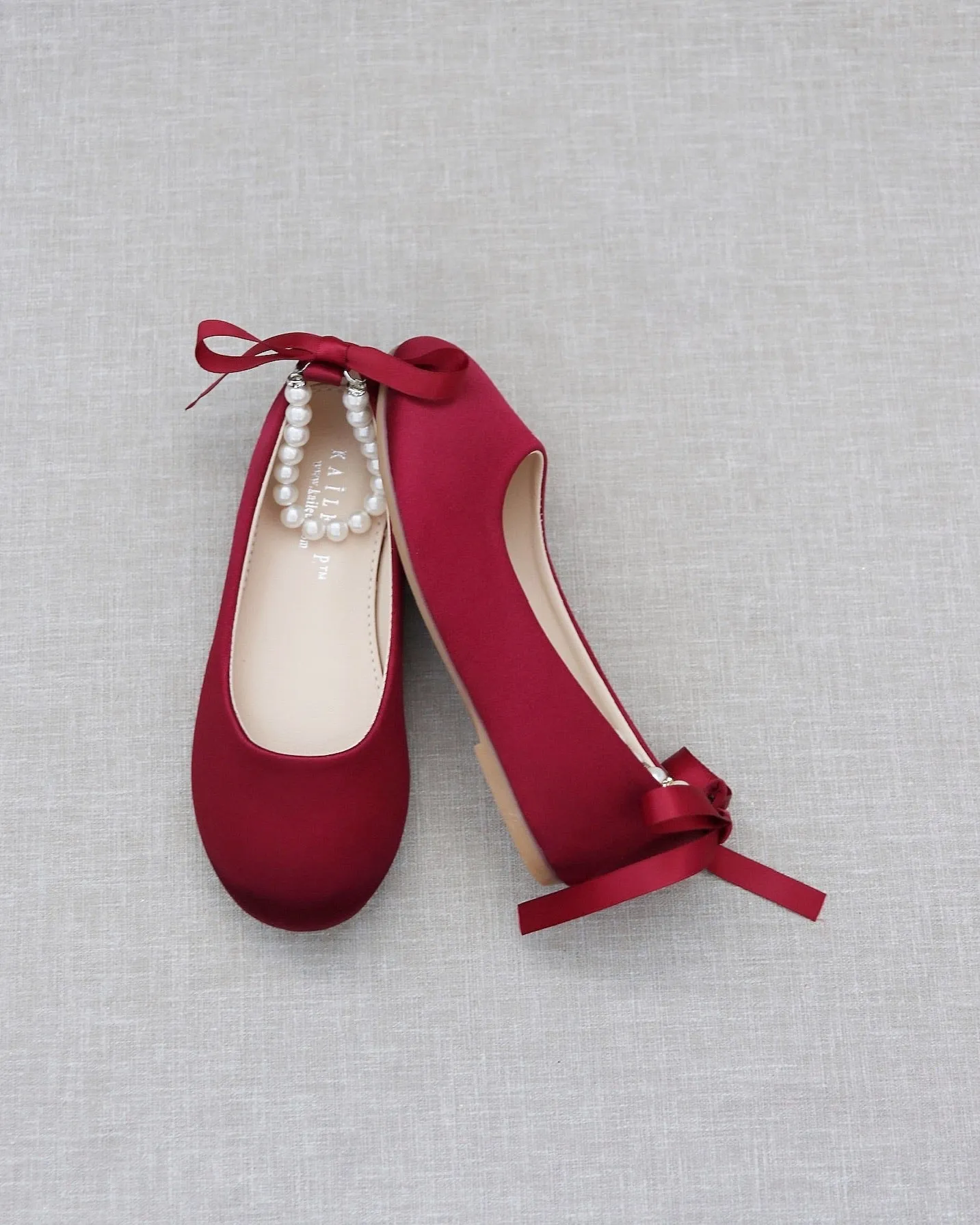 Burgundy Satin Flats with Pearl Ankle Strap - Shop Now