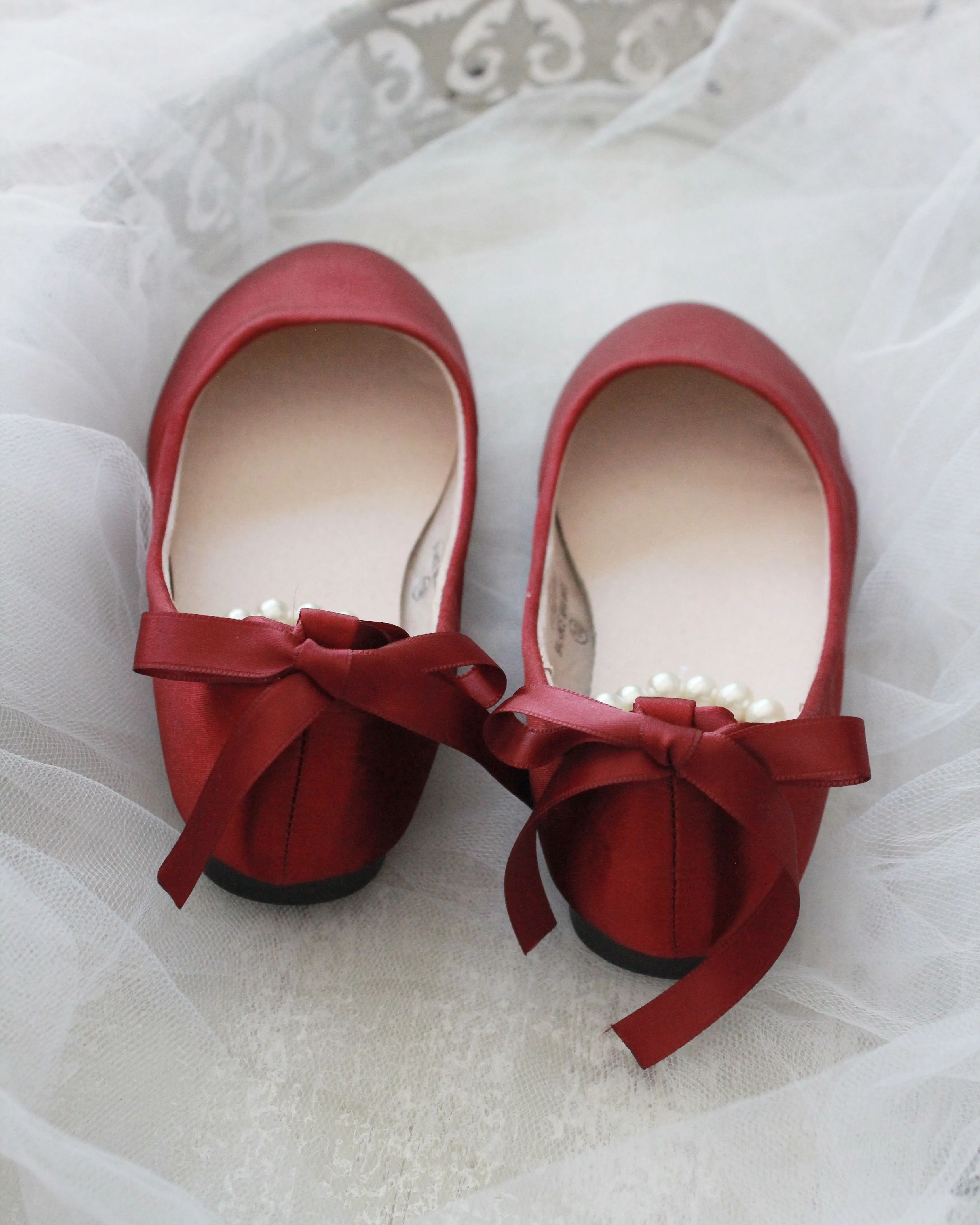 Burgundy Satin Flats with Pearl Ankle Strap - Shop Now