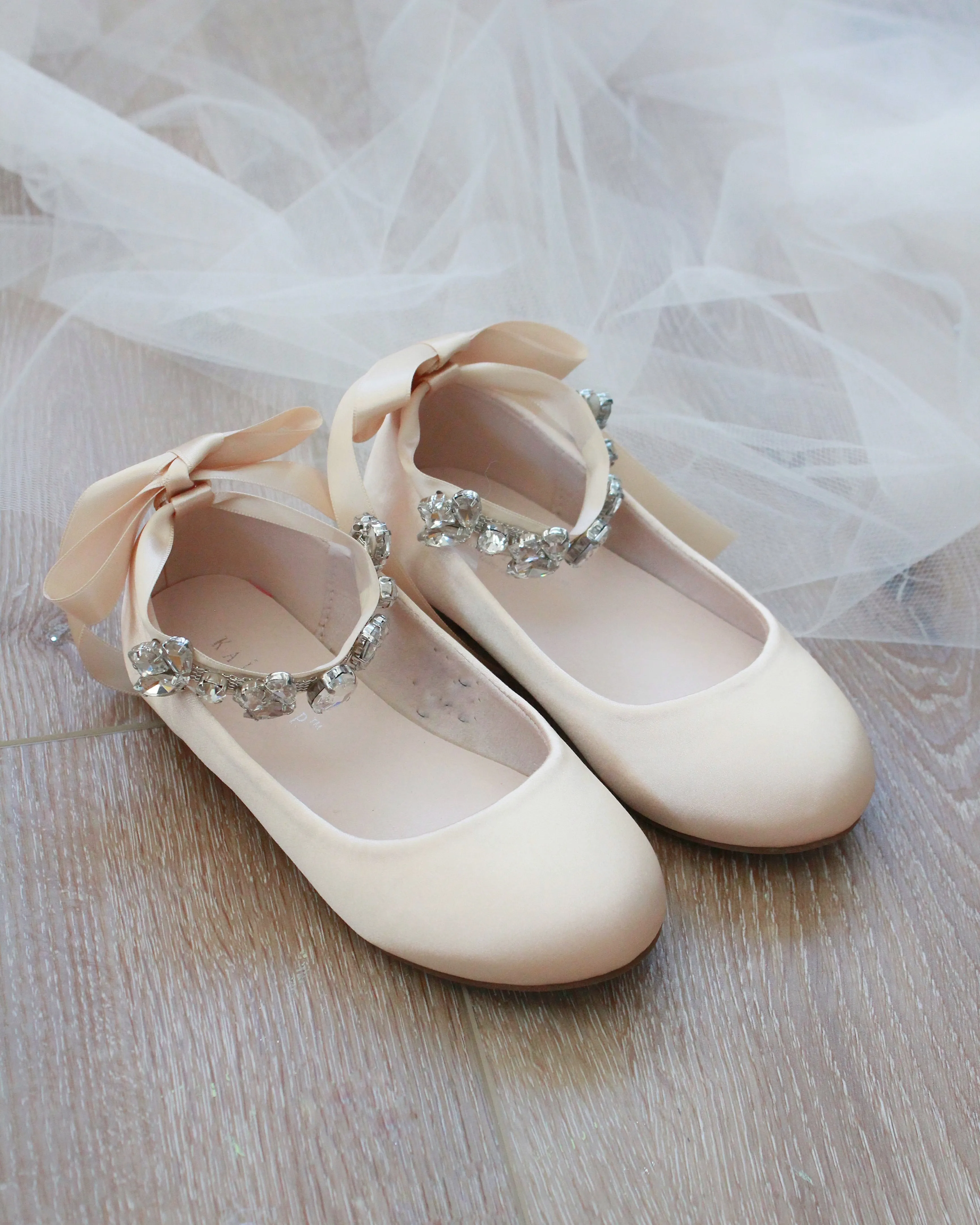 Champagne Satin Ballet Flats Rhinestones Cluster