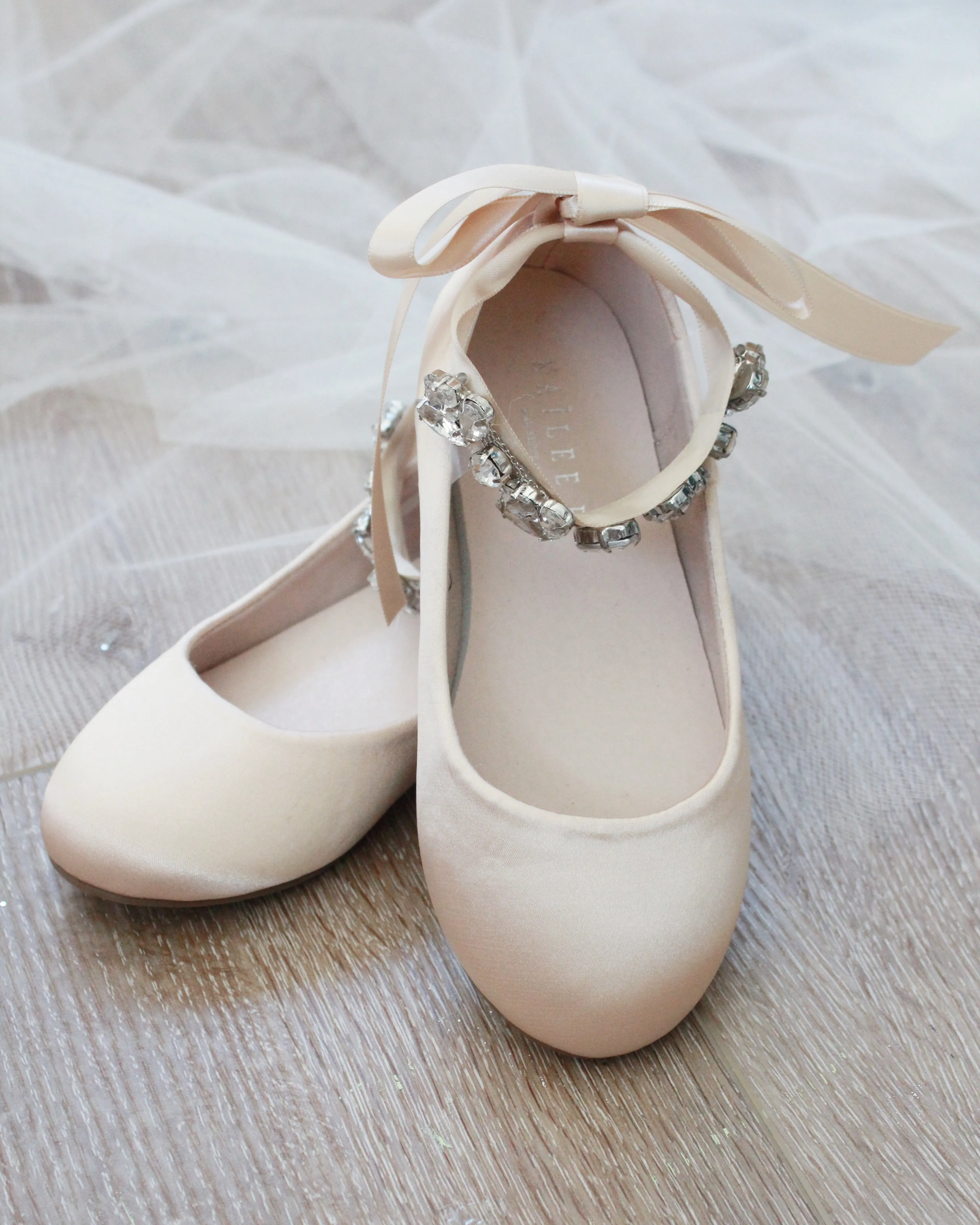 Champagne Satin Ballet Flats Rhinestones Cluster