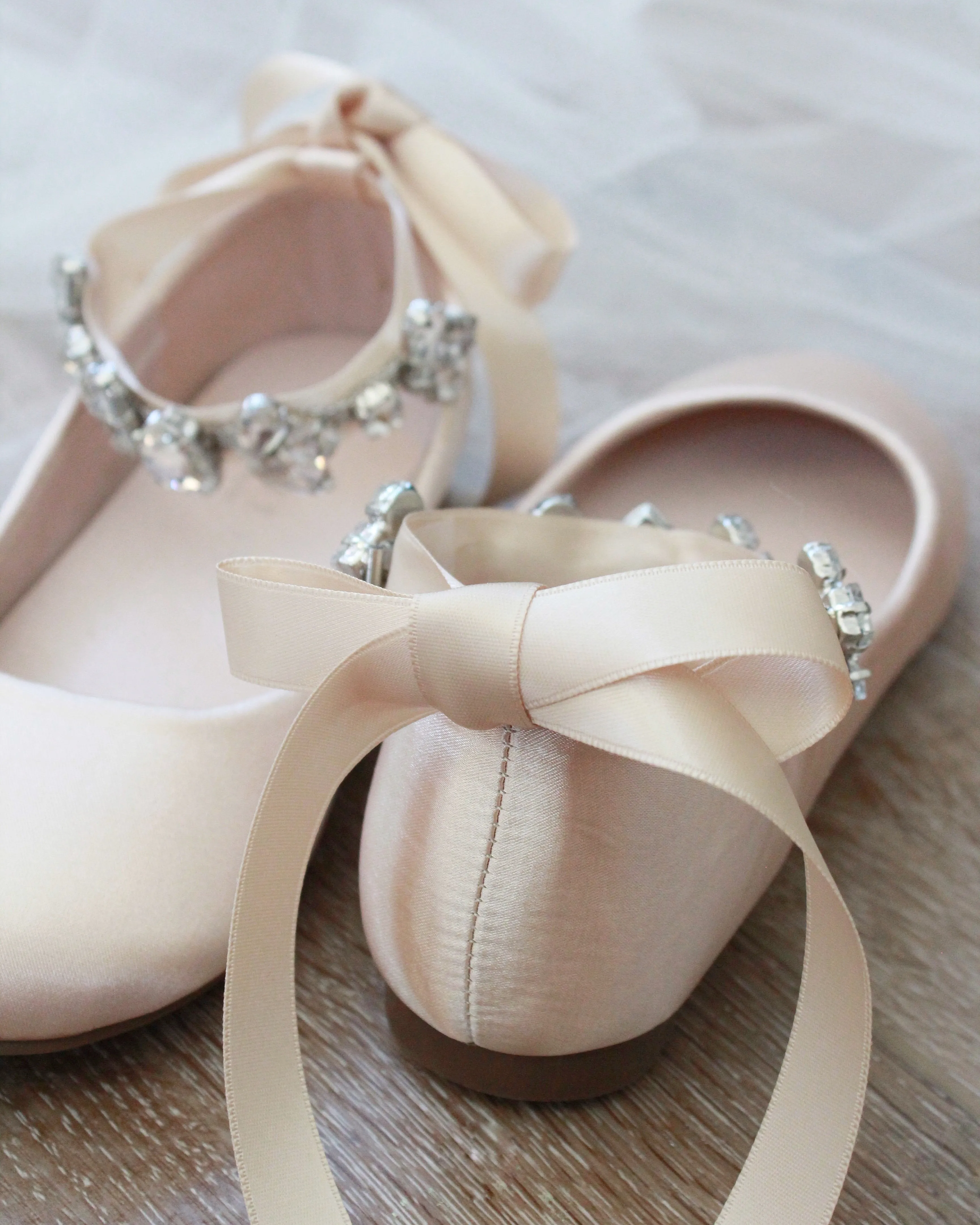 Champagne Satin Ballet Flats Rhinestones Cluster