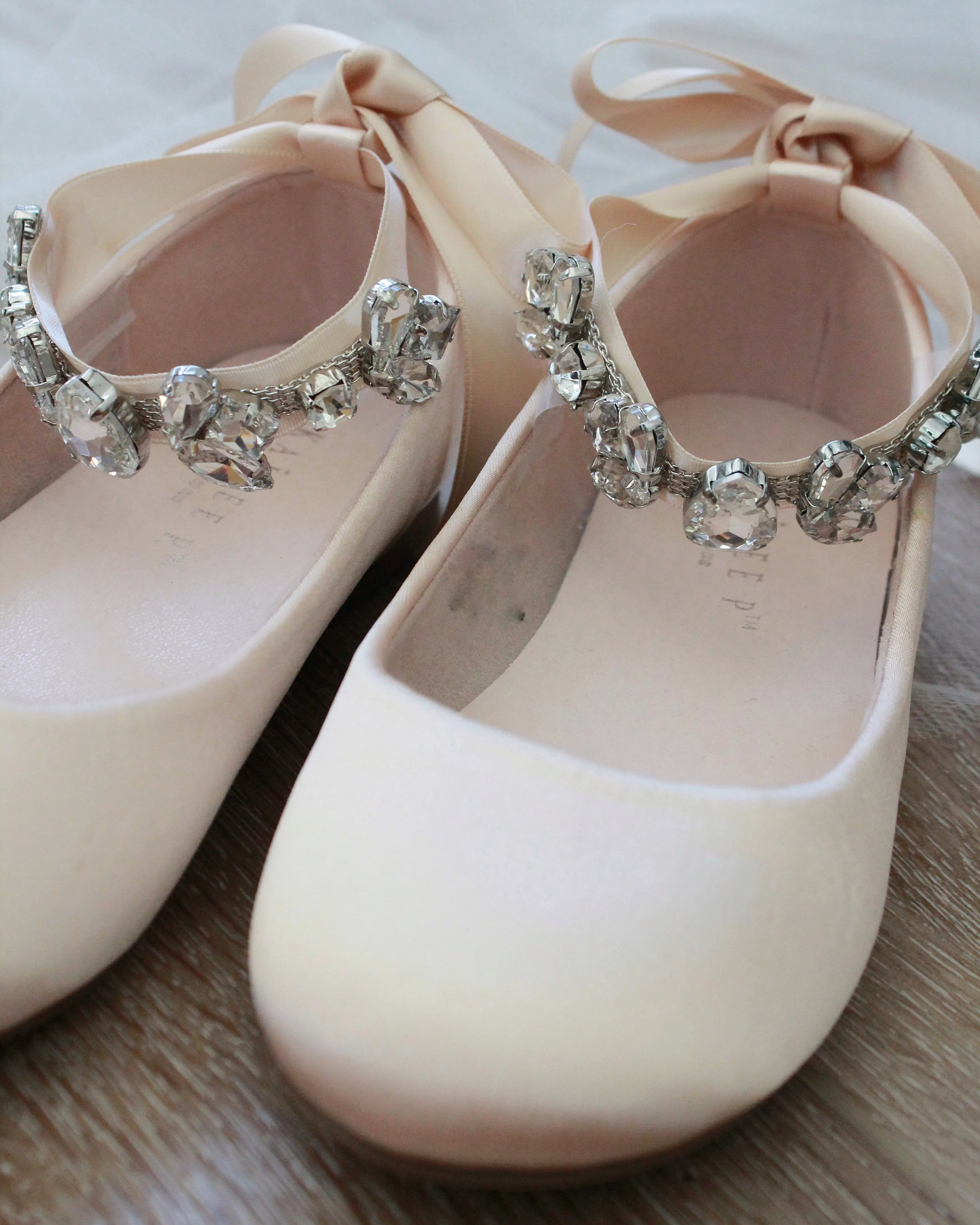 Champagne Satin Ballet Flats Rhinestones Cluster