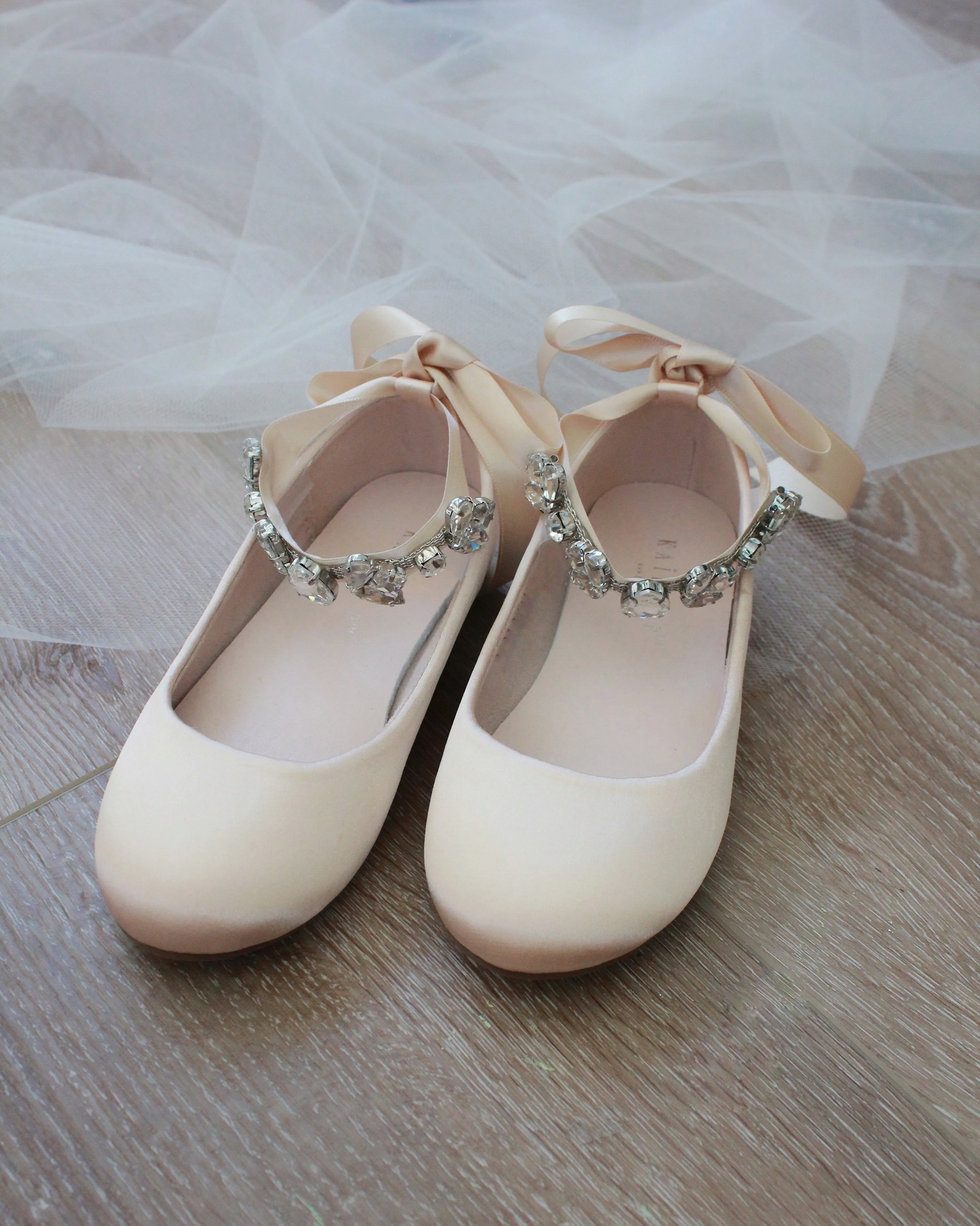 Champagne Satin Ballet Flats Rhinestones Cluster