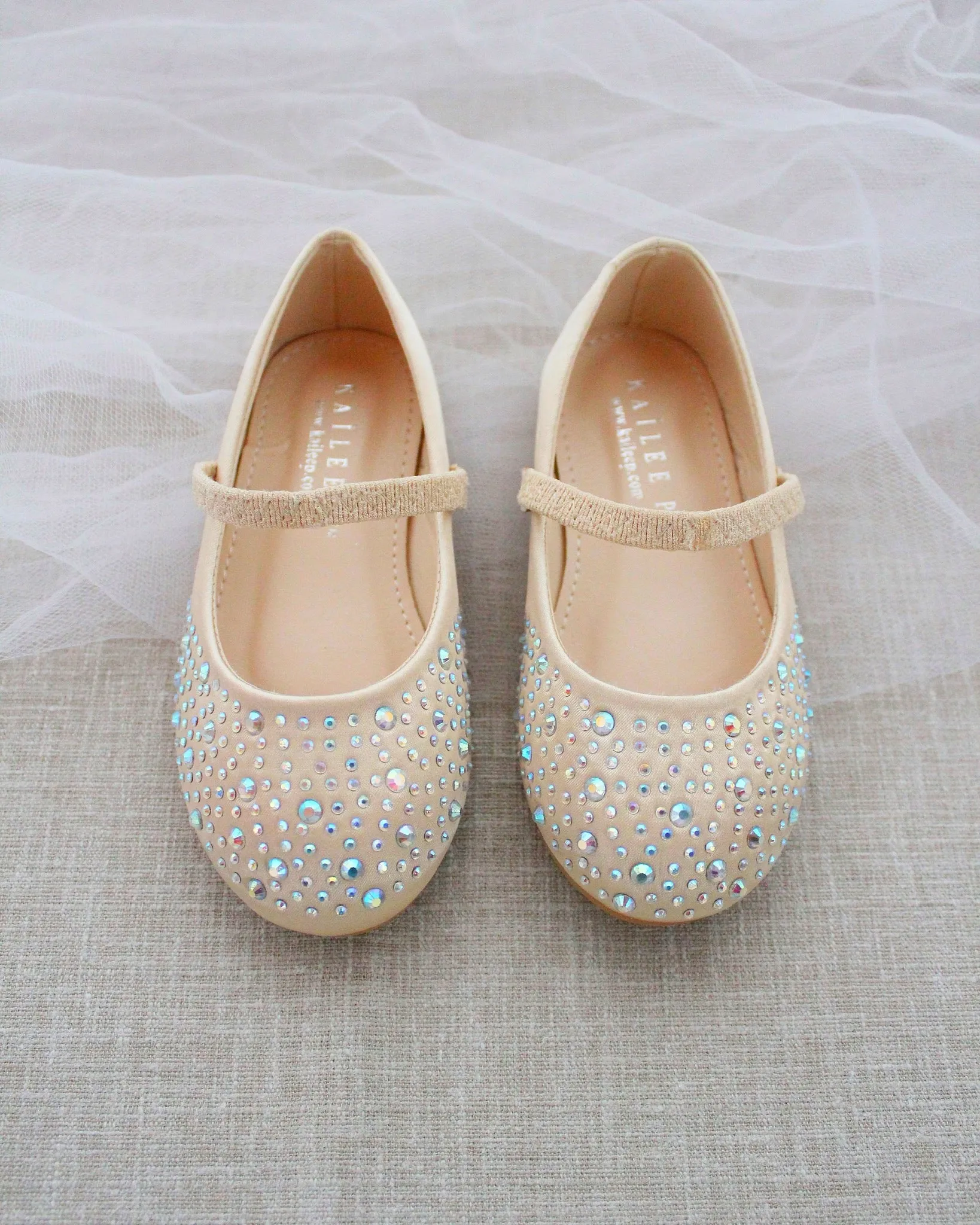 Champagne Satin Mary Jane Flats - Rhinestones Embellishment