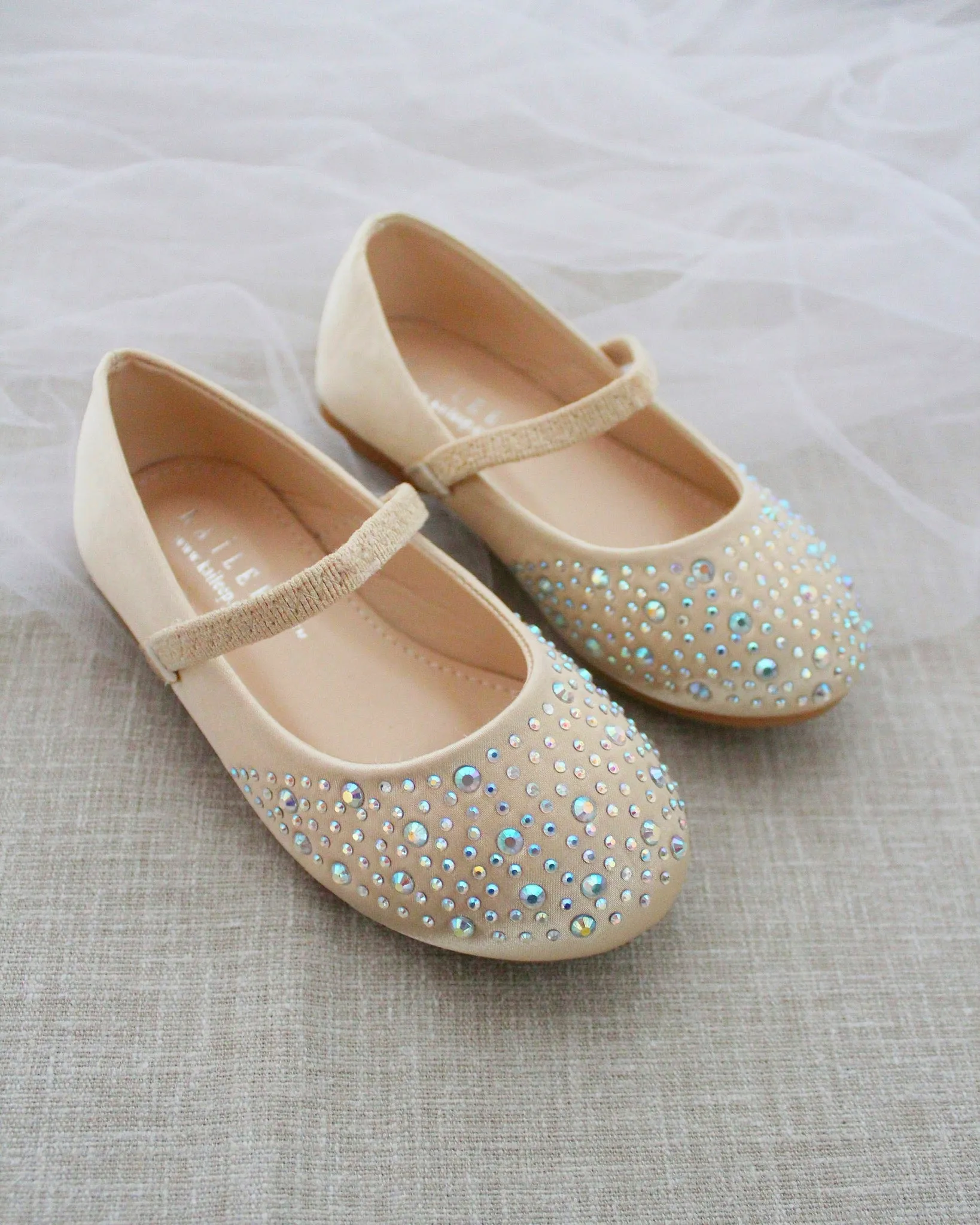 Champagne Satin Mary Jane Flats - Rhinestones Embellishment