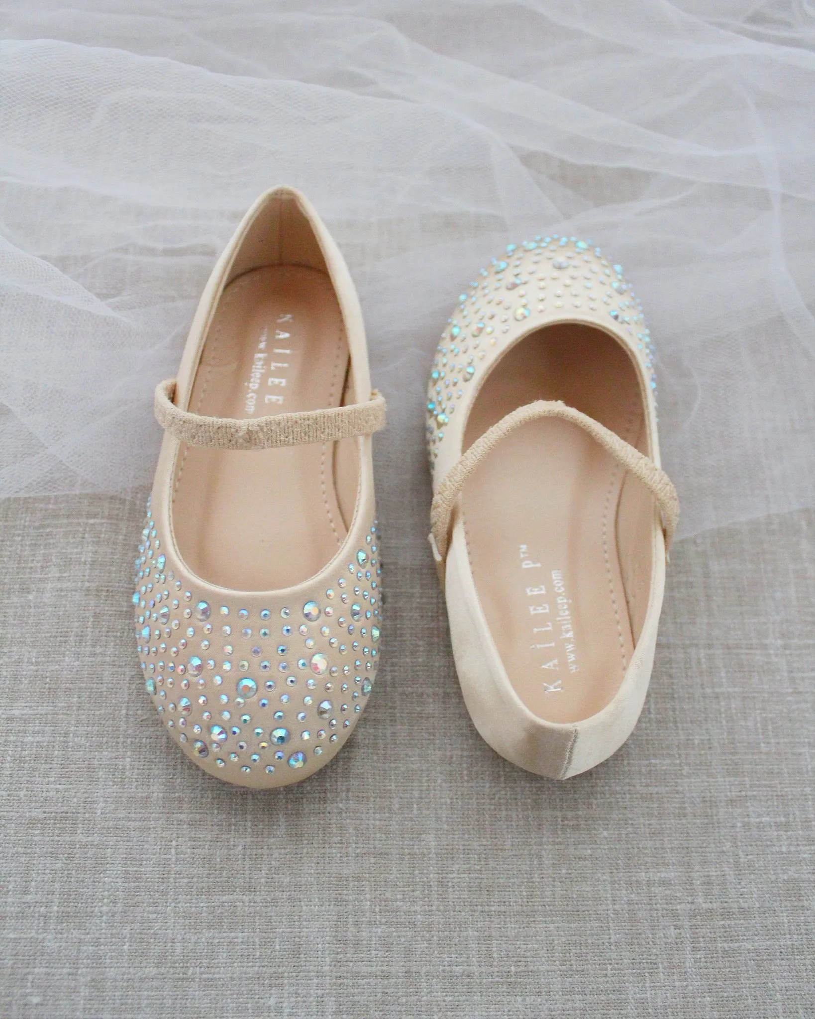 Champagne Satin Mary Jane Flats - Rhinestones Embellishment