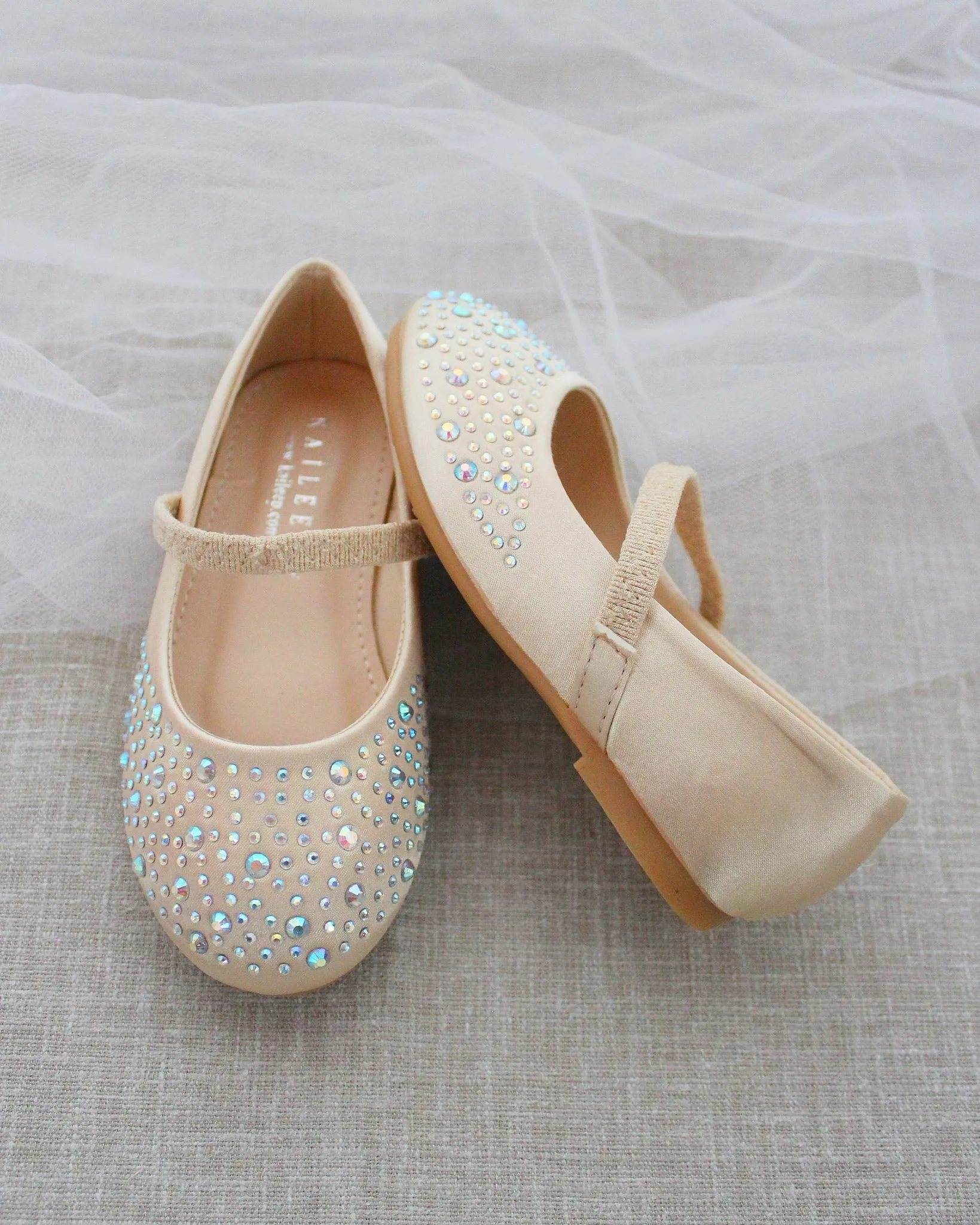 Champagne Satin Mary Jane Flats - Rhinestones Embellishment