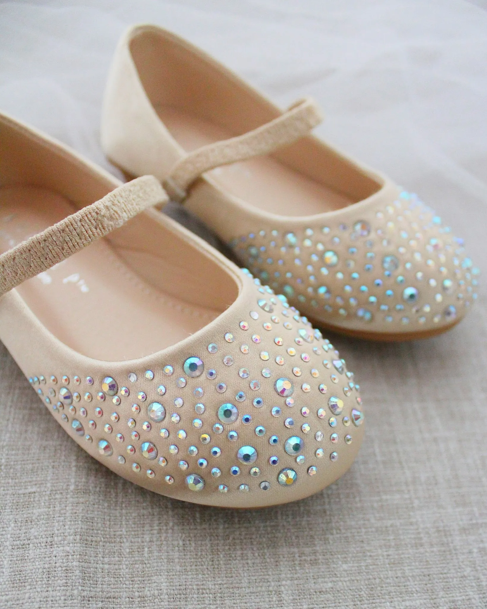 Champagne Satin Mary Jane Flats - Rhinestones Embellishment