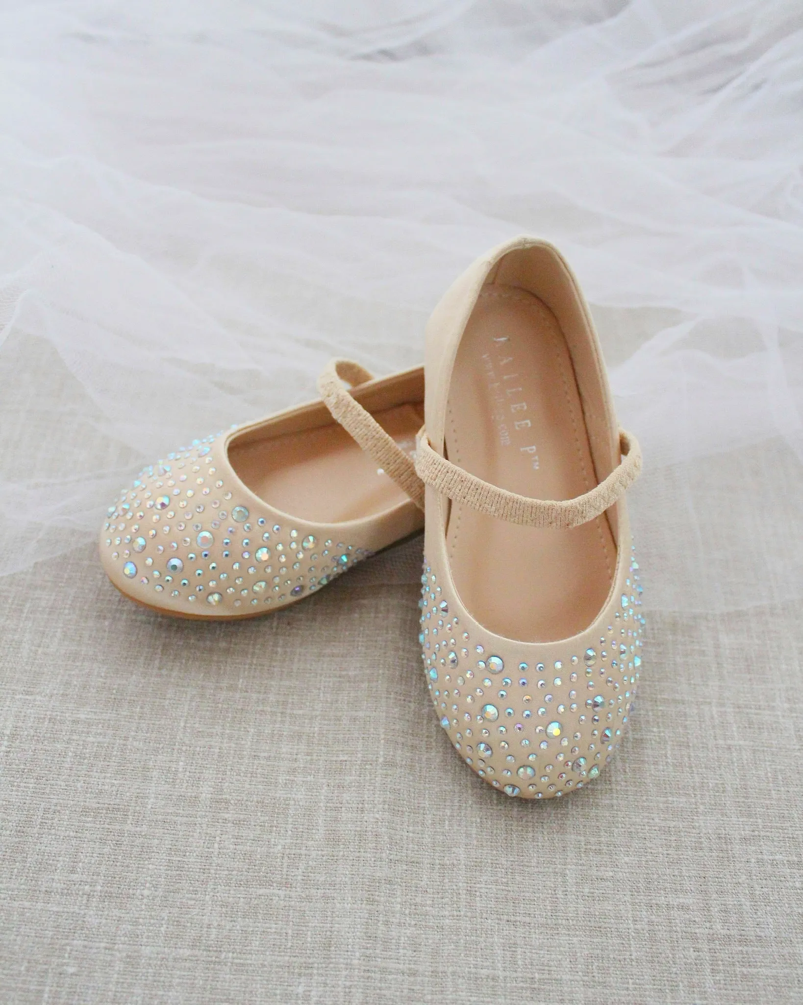 Champagne Satin Mary Jane Flats - Rhinestones Embellishment