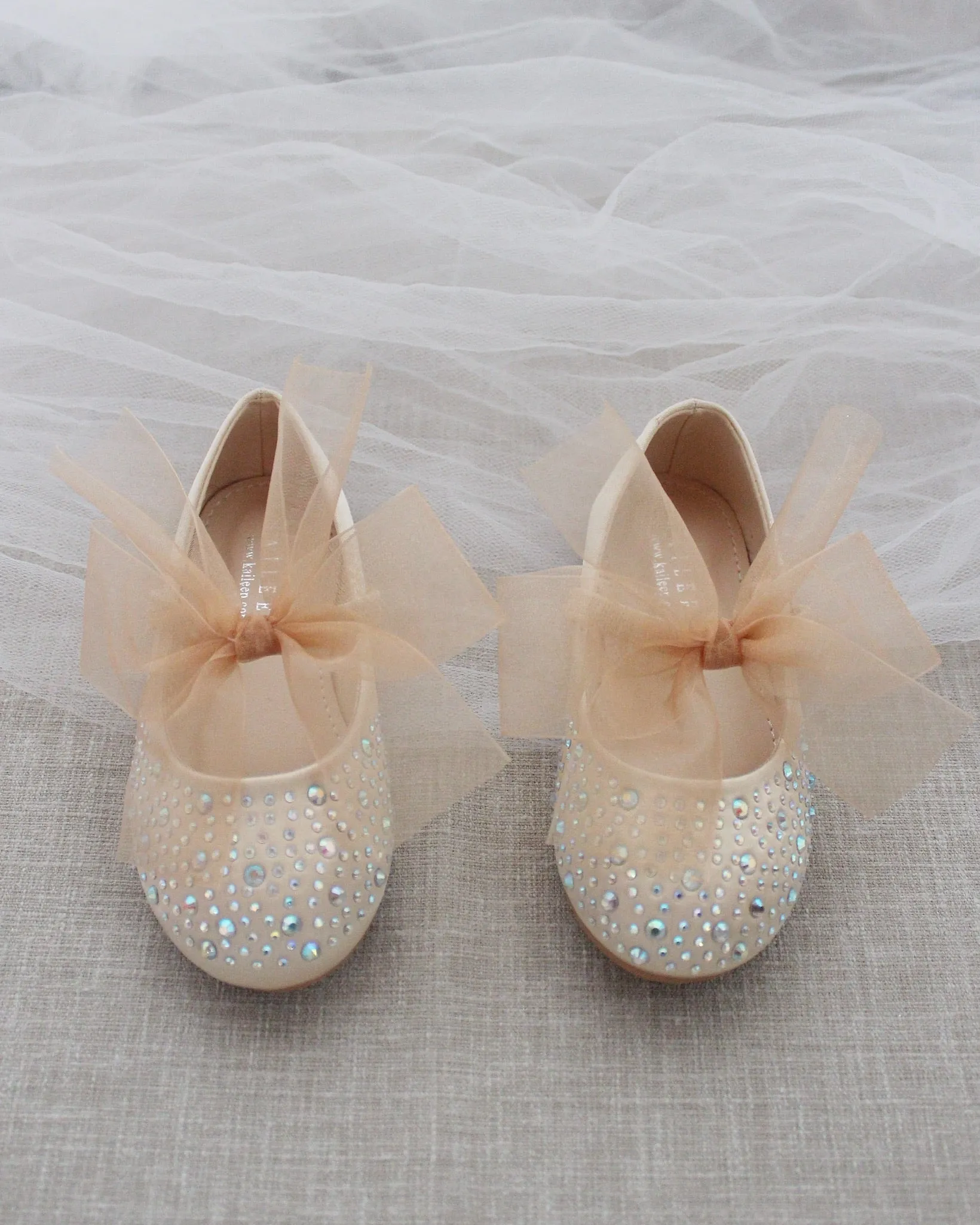 Champagne Satin Mary Jane Flats with Rhinestones