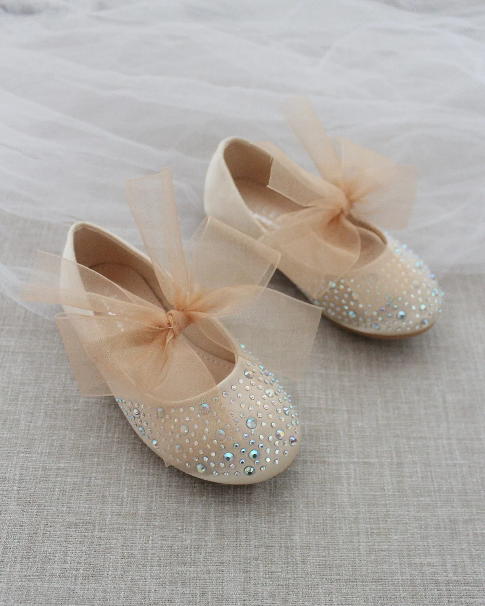 Champagne Satin Mary Jane Flats with Rhinestones