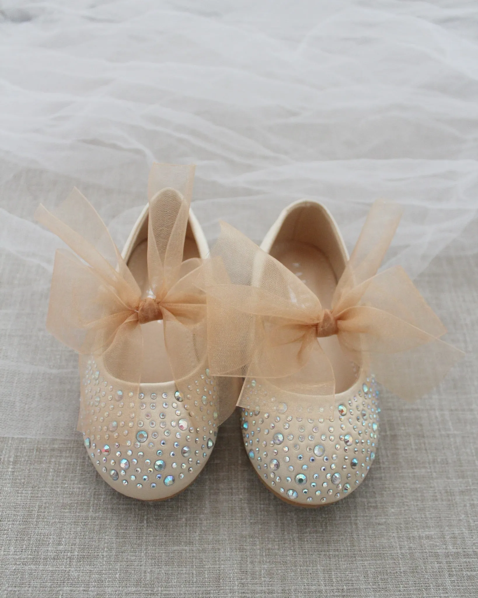 Champagne Satin Mary Jane Flats with Rhinestones