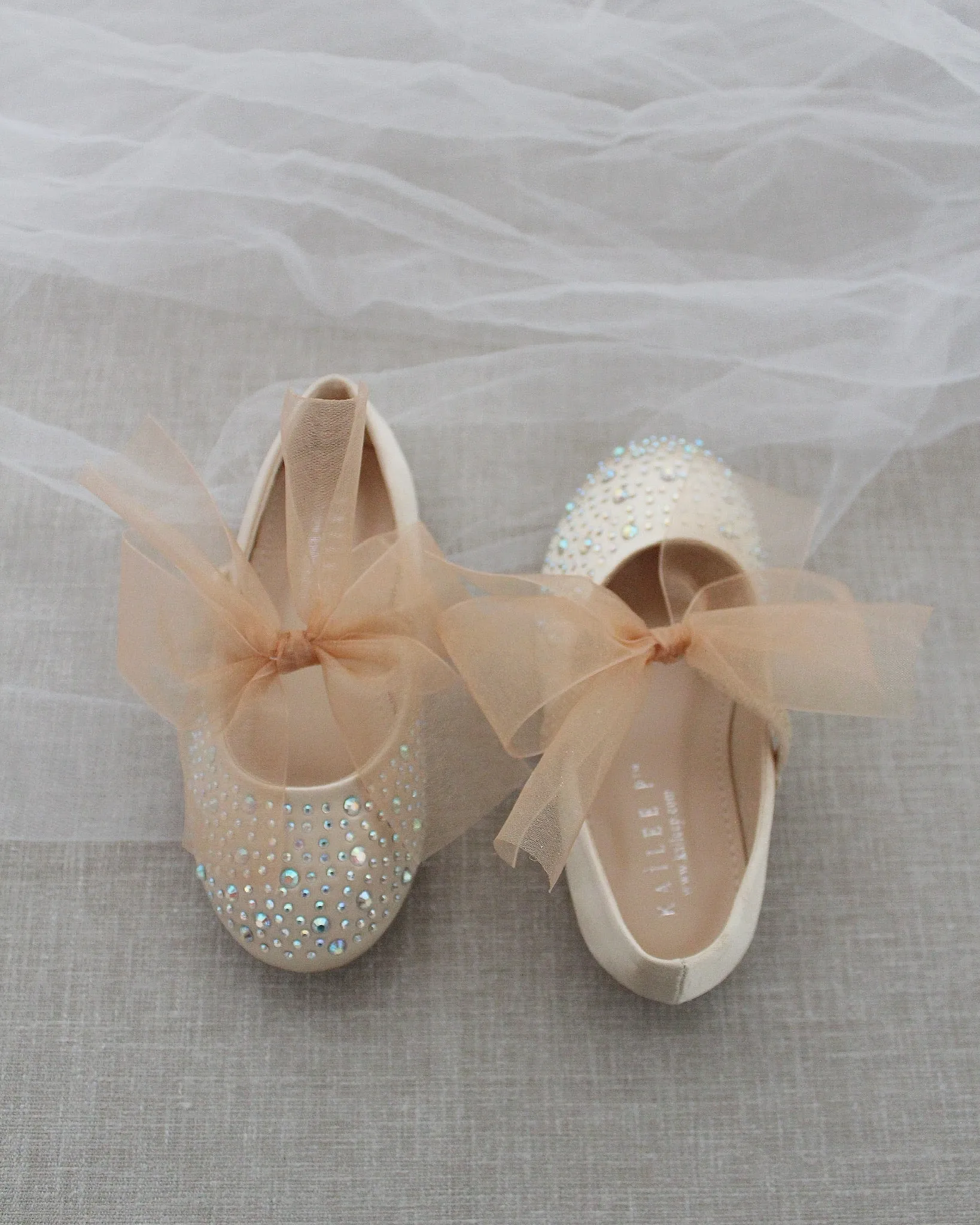 Champagne Satin Mary Jane Flats with Rhinestones